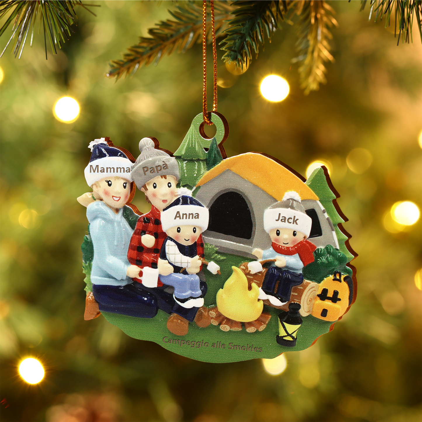 "Campeggio di famiglia" Pendente di Natale Personalizzato in legno per la famiglia 4 Nomi e 1 Testo personalizzati 
