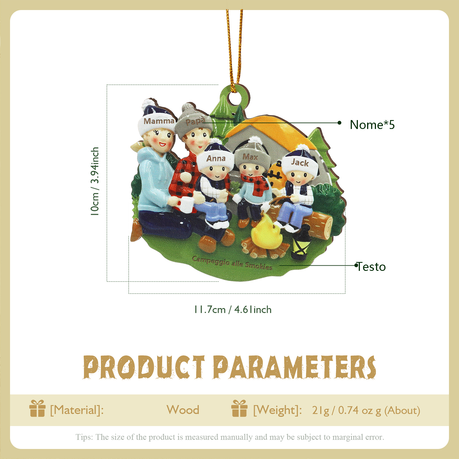 "Campeggio di famiglia" Pendente di Natale Personalizzato in legno per la famiglia 5 Nomi e 1 Testo personalizzati 