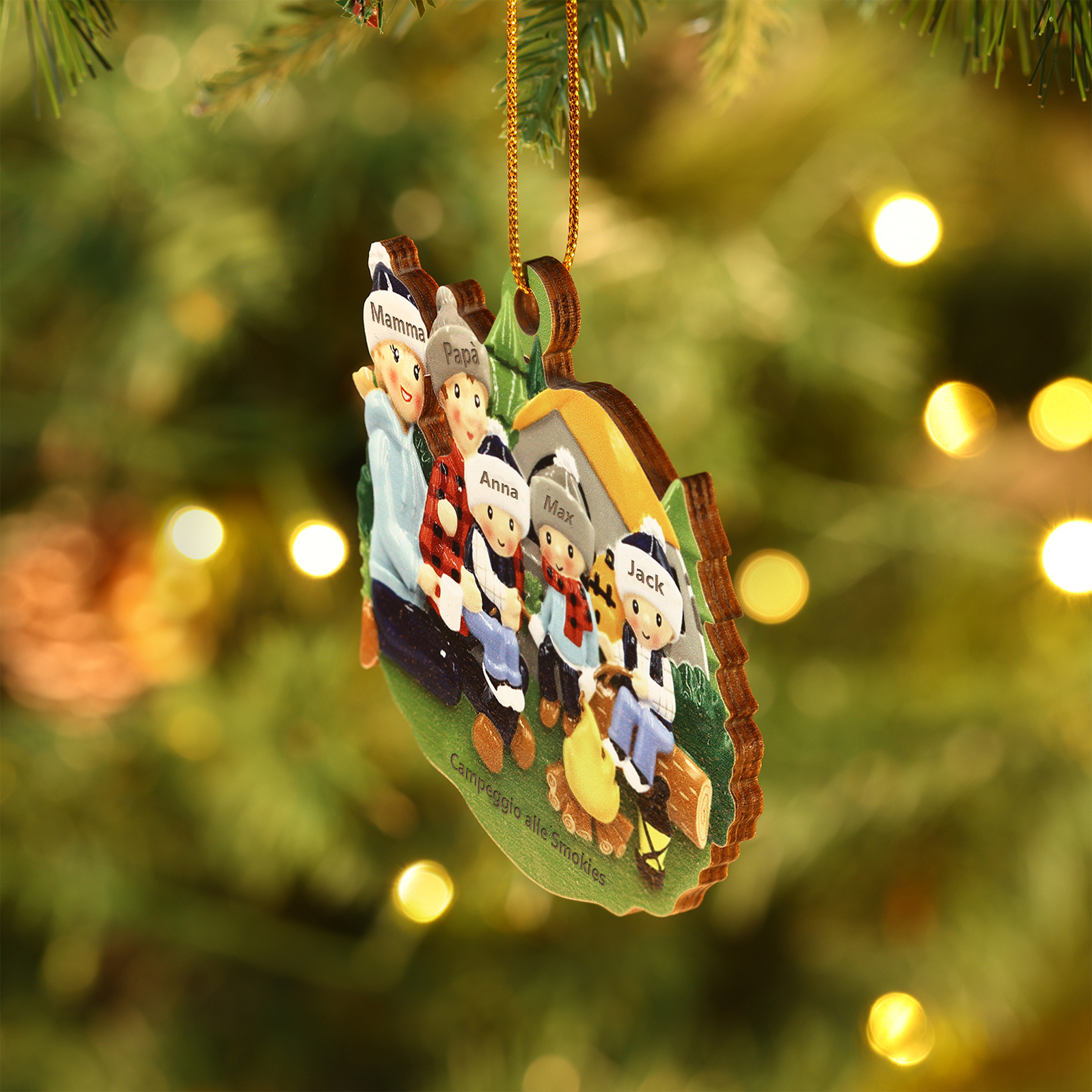 "Campeggio di famiglia" Pendente di Natale Personalizzato in legno per la famiglia 5 Nomi e 1 Testo personalizzati 