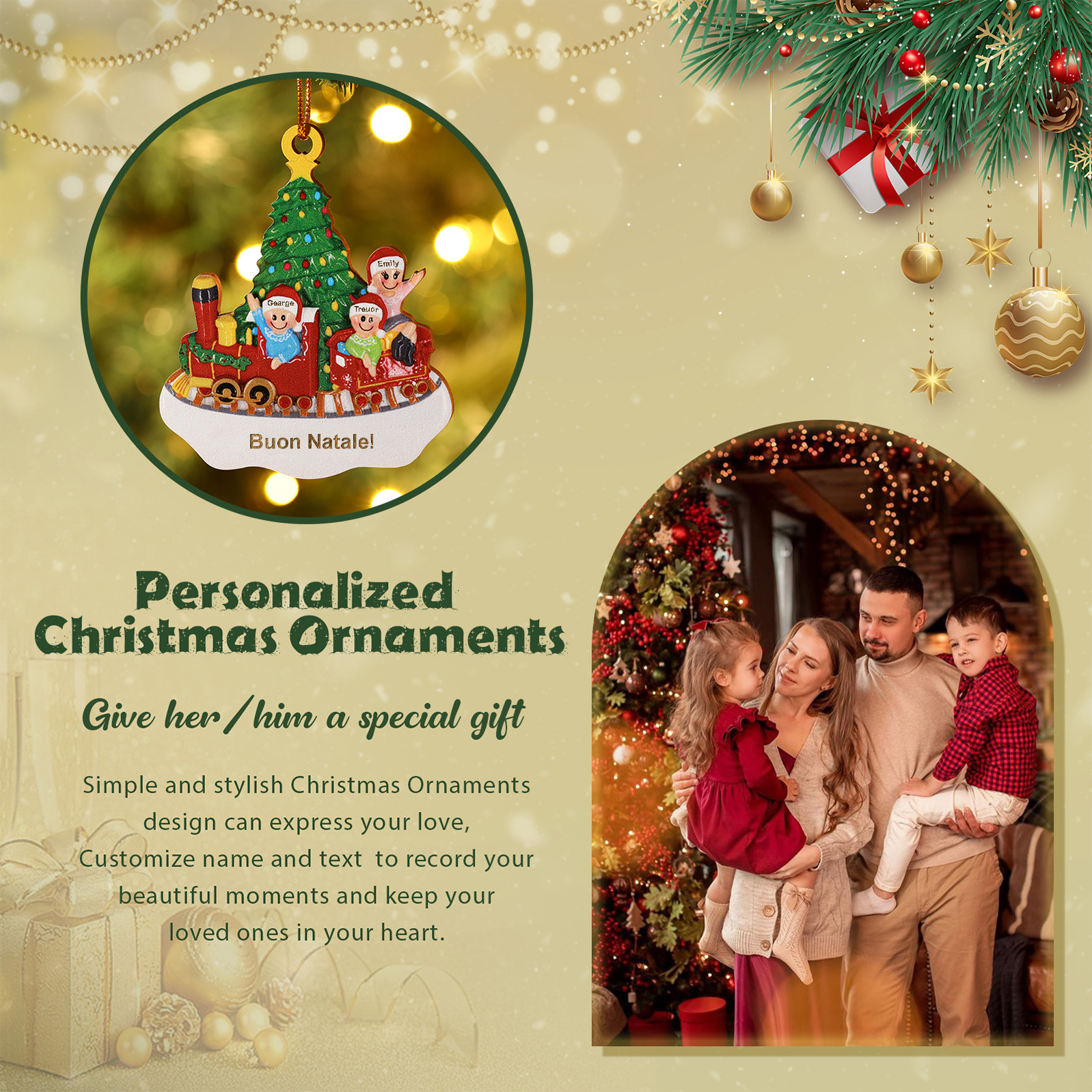 "Treno di felicità" Pendente di Natale Personalizzato in legno per Famiglia 3 Nomi e 1 Testo personalizzati 