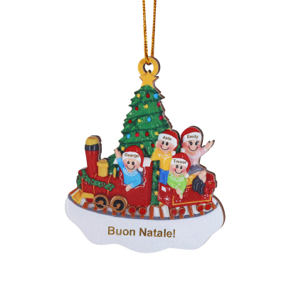 "Treno di felicità" Pendente di Natale Personalizzato in legno per Famiglia 4 Nomi e 1 Testo personalizzati 