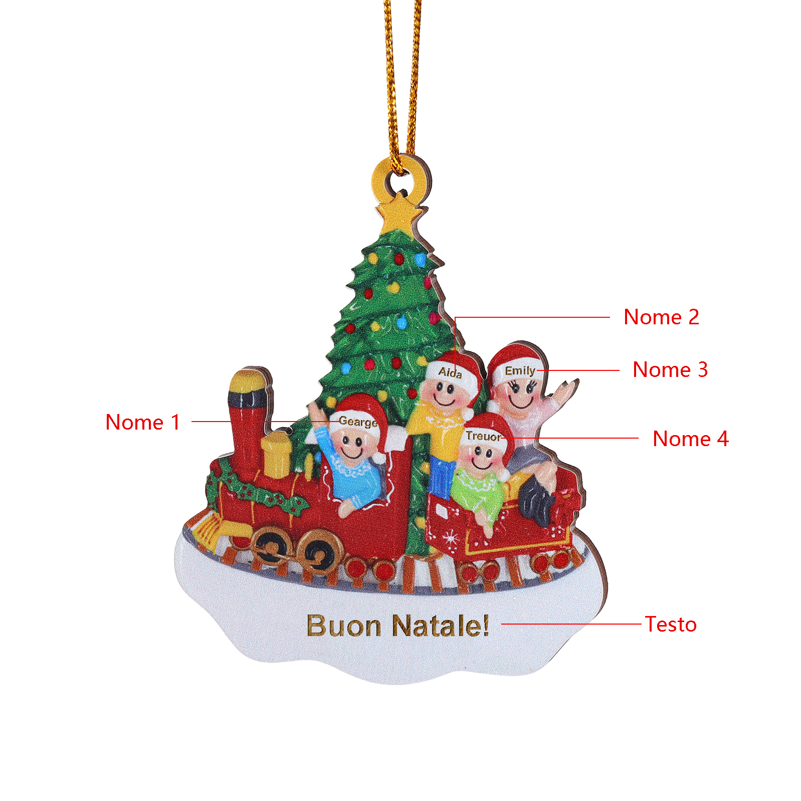 "Treno di felicità" Pendente di Natale Personalizzato in legno per Famiglia 4 Nomi e 1 Testo personalizzati 
