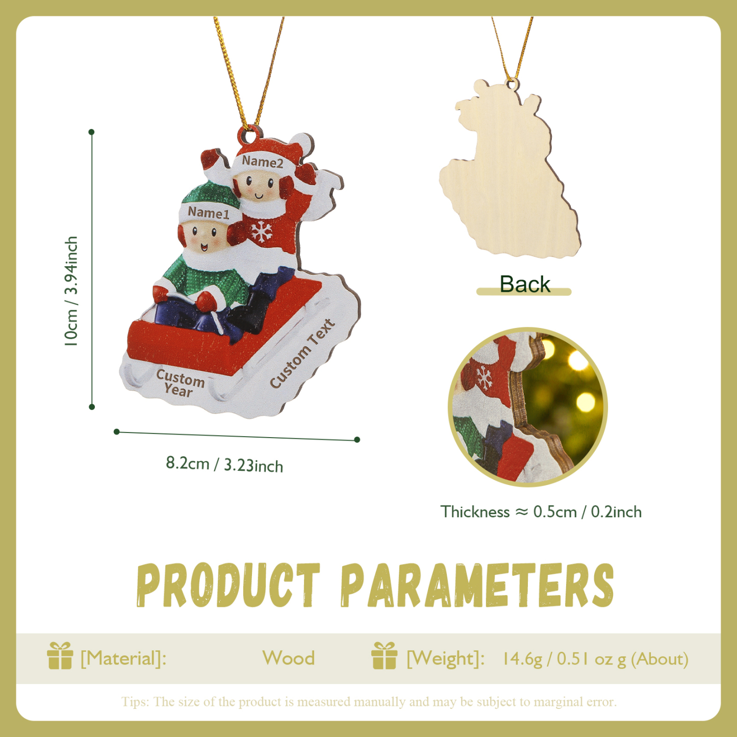 Decorazione Natalizia in Legno Personalizzata - Slitta Rossa con Personaggi, 2 Nomi, Testo & Data, Regalo di Natale per Famiglia | Jessemade