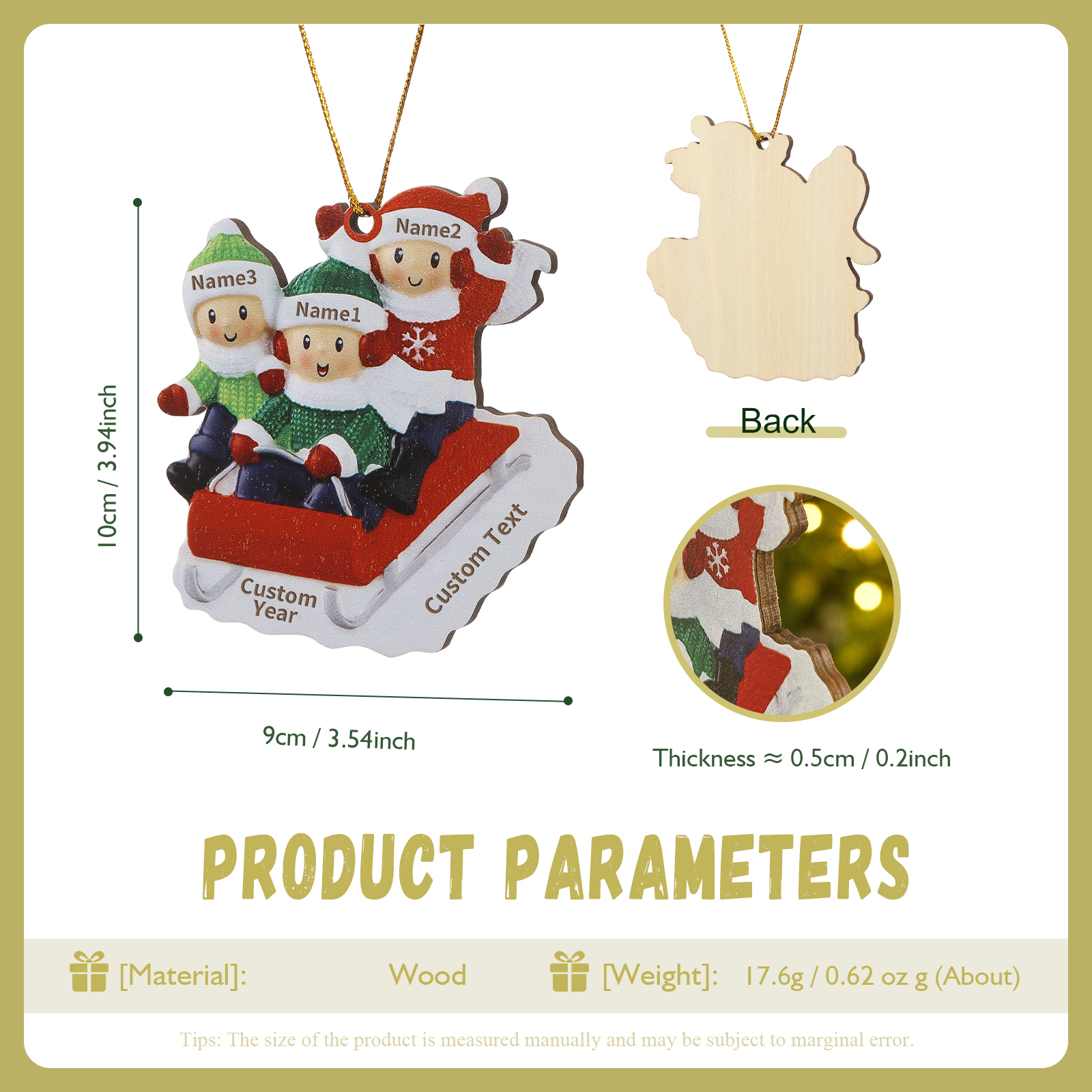 Decorazione Natalizia in Legno Personalizzata - Slitta Rossa con Personaggi, 3 Nomi, Testo & Data, Regalo di Natale per Famiglia | Jessemade