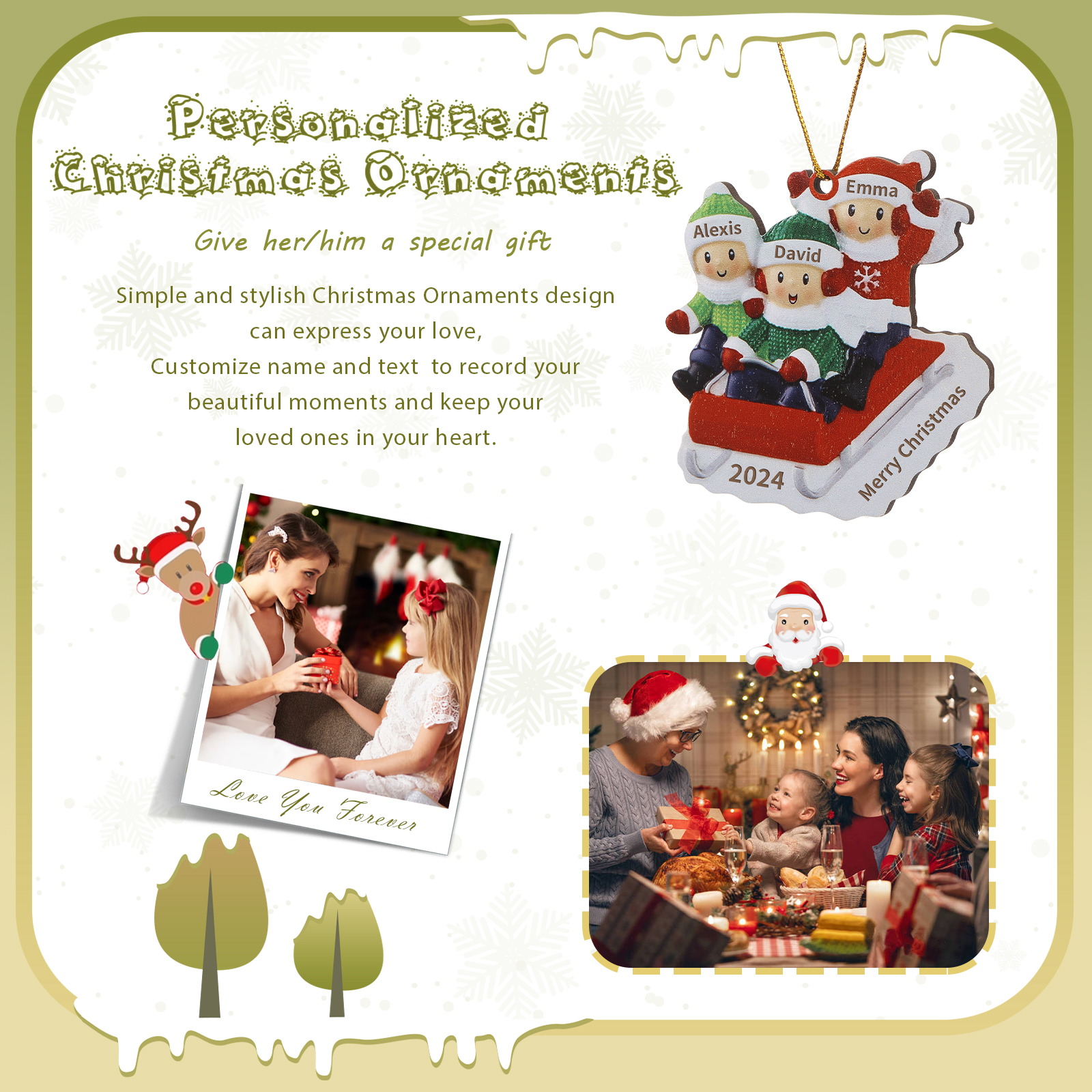 Decorazione Natalizia in Legno Personalizzata - Slitta Rossa con Personaggi, 3 Nomi, Testo & Data, Regalo di Natale per Famiglia | Jessemade