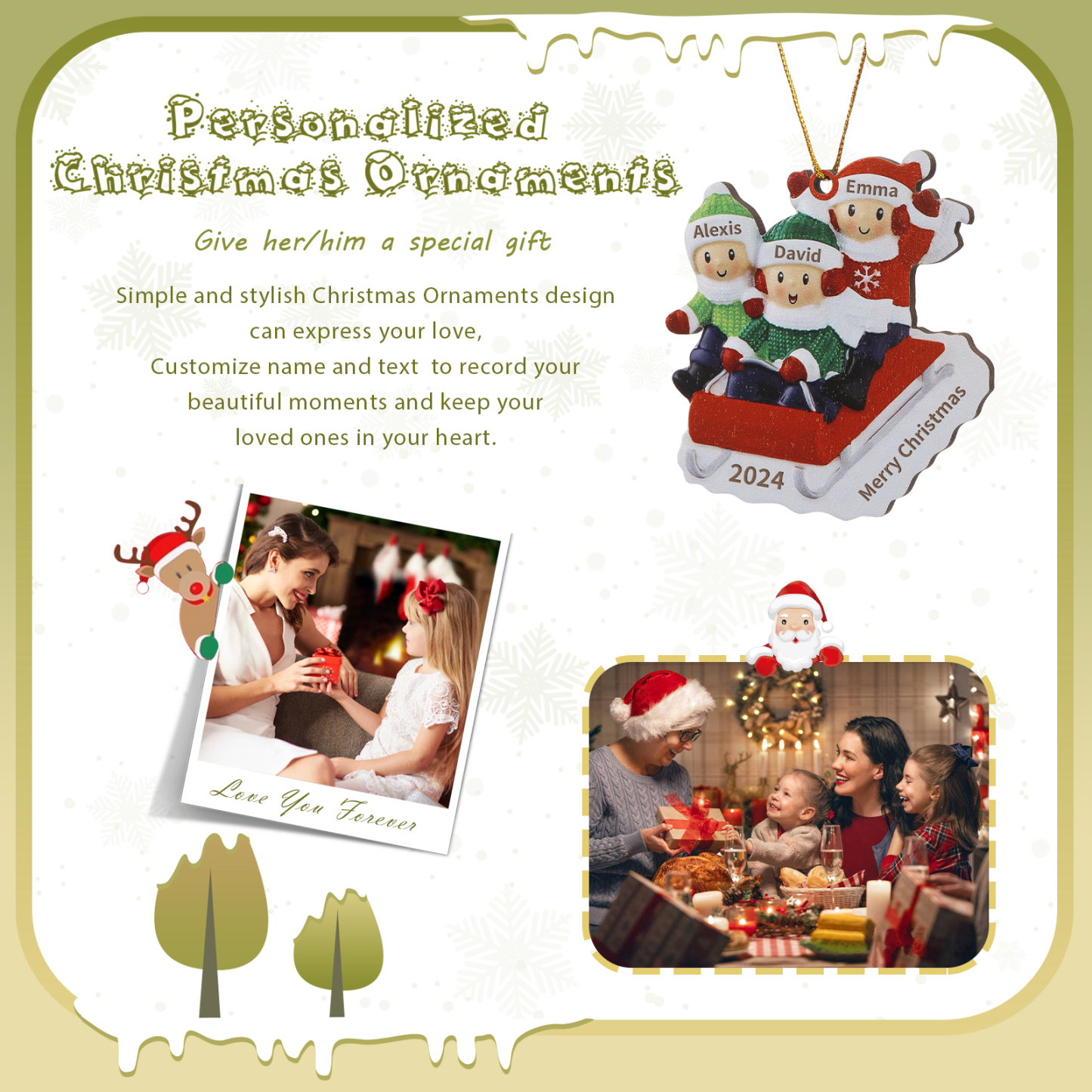 Decorazione Natalizia in Legno Personalizzata - Slitta Rossa con Personaggi, 3 Nomi, Testo & Data, Regalo di Natale per Famiglia | Jessemade