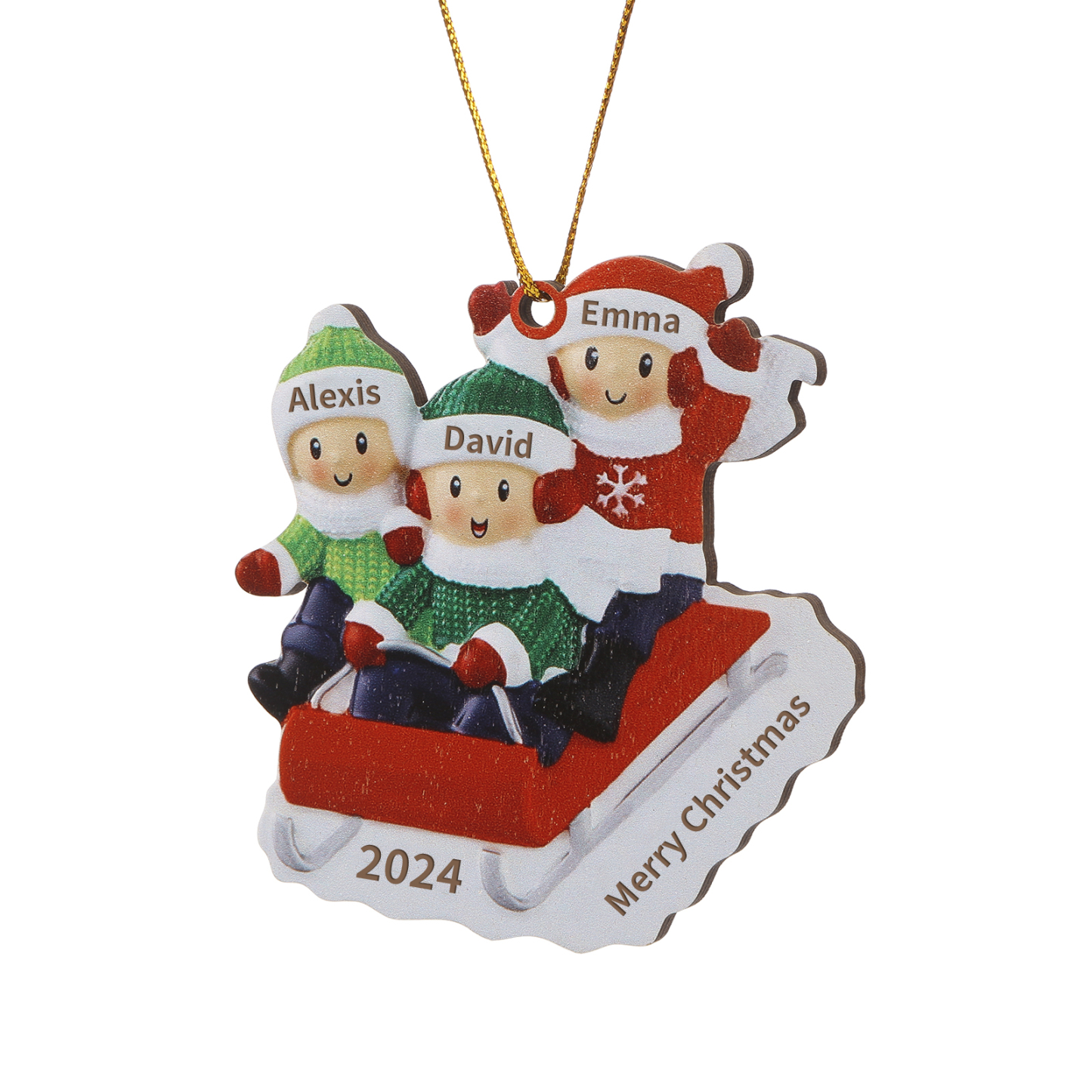 Decorazione Natalizia in Legno Personalizzata - Slitta Rossa con Personaggi, 3 Nomi, Testo & Data, Regalo di Natale per Famiglia | Jessemade
