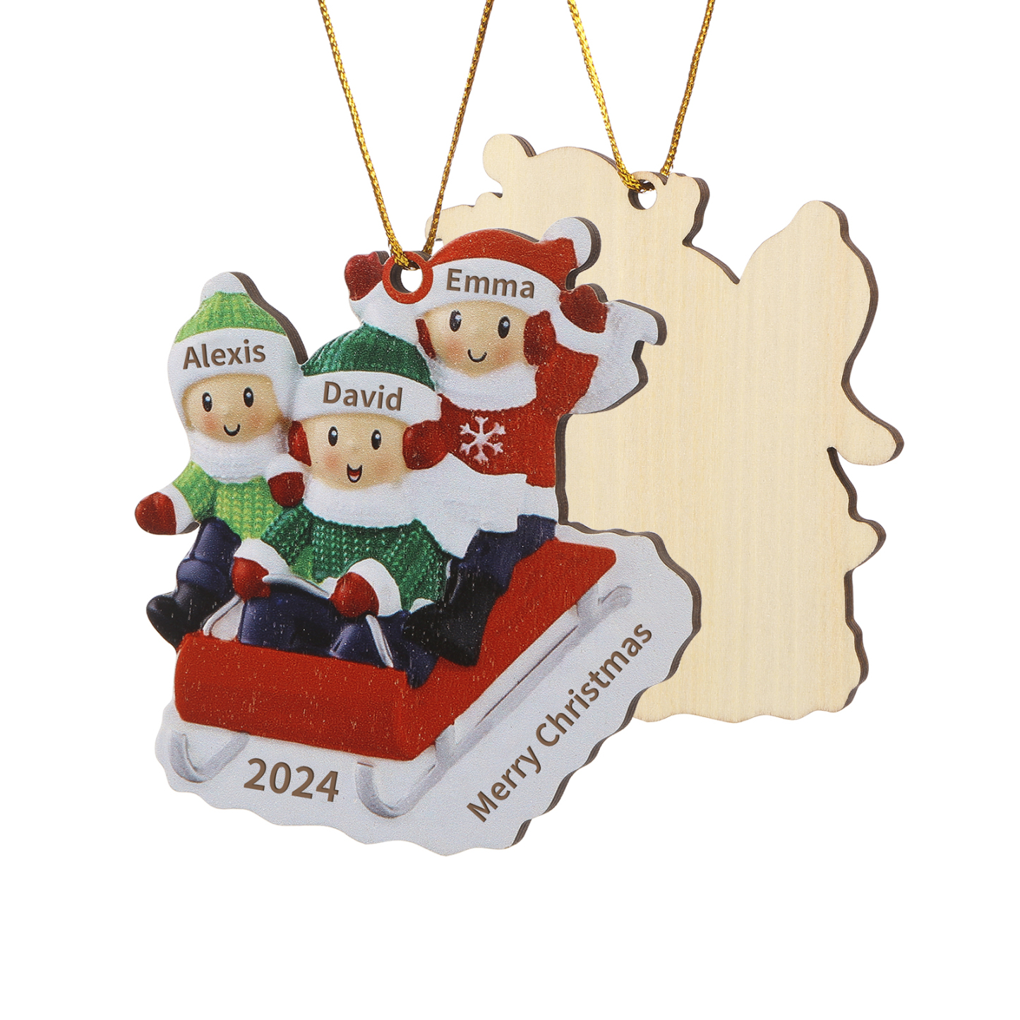 Decorazione Natalizia in Legno Personalizzata - Slitta Rossa con Personaggi, 3 Nomi, Testo & Data, Regalo di Natale per Famiglia | Jessemade