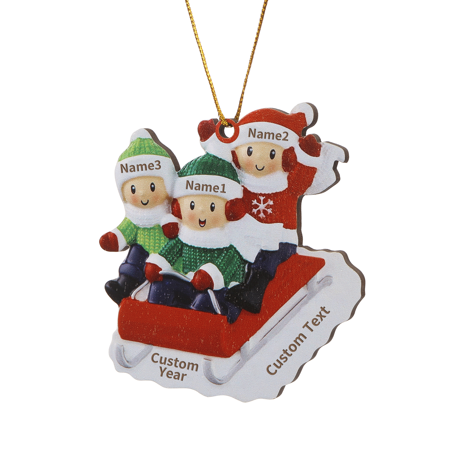 Decorazione Natalizia in Legno Personalizzata - Slitta Rossa con Personaggi, 3 Nomi, Testo & Data, Regalo di Natale per Famiglia | Jessemade