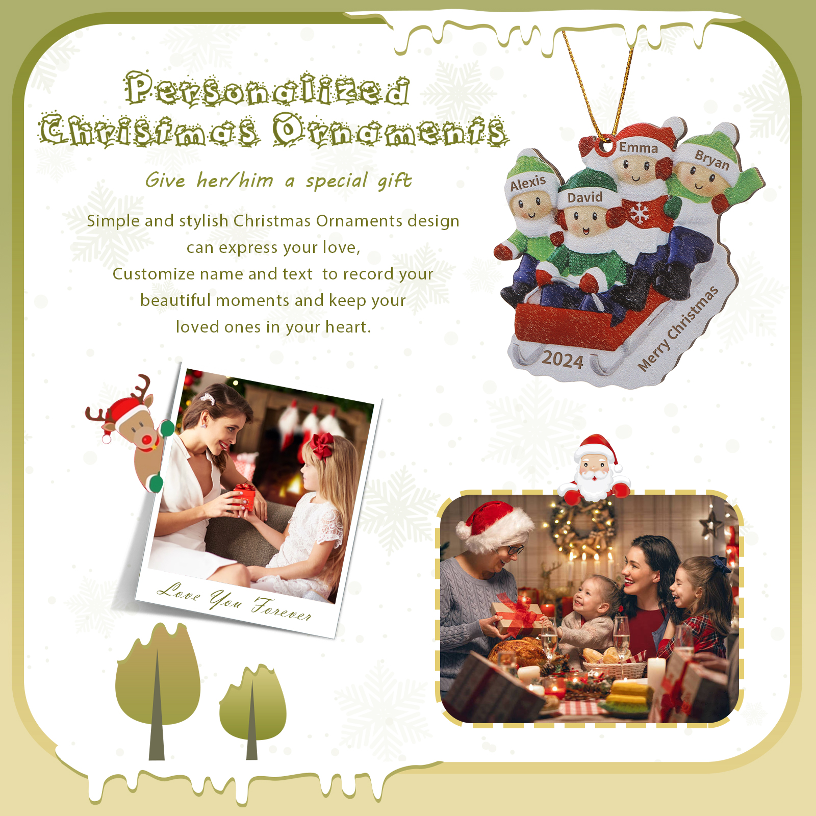 Decorazione Natalizia in Legno Personalizzata - Slitta Rossa con Personaggi, 4 Nomi, Testo & Data, Regalo di Natale per Famiglia | Jessemade