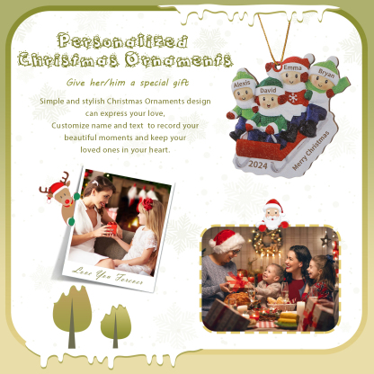 Decorazione Natalizia in Legno Personalizzata - Slitta Rossa con Personaggi, 4 Nomi, Testo & Data, Regalo di Natale per Famiglia | Jessemade