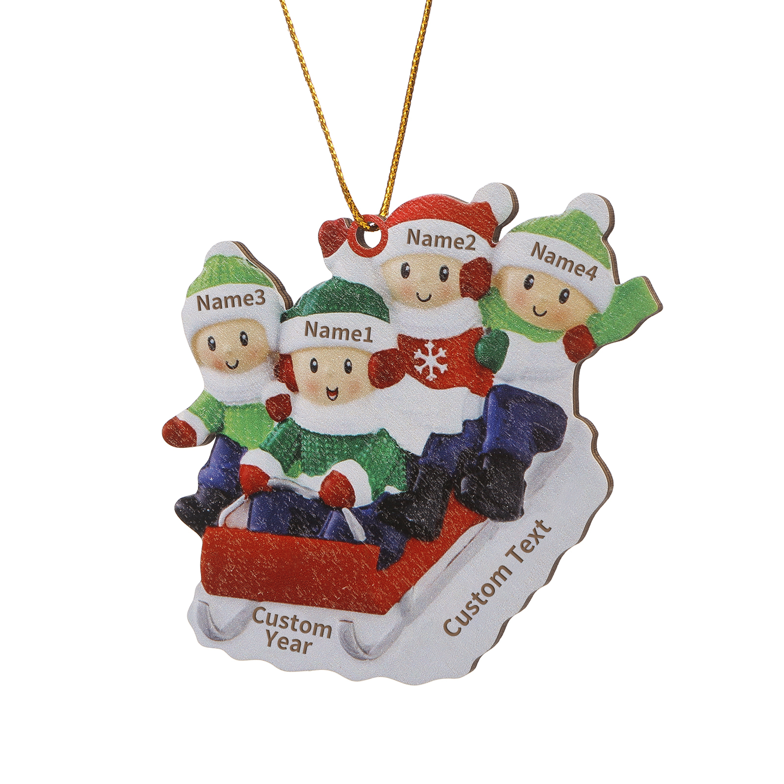 Decorazione Natalizia in Legno Personalizzata - Slitta Rossa con Personaggi, 4 Nomi, Testo & Data, Regalo di Natale per Famiglia | Jessemade