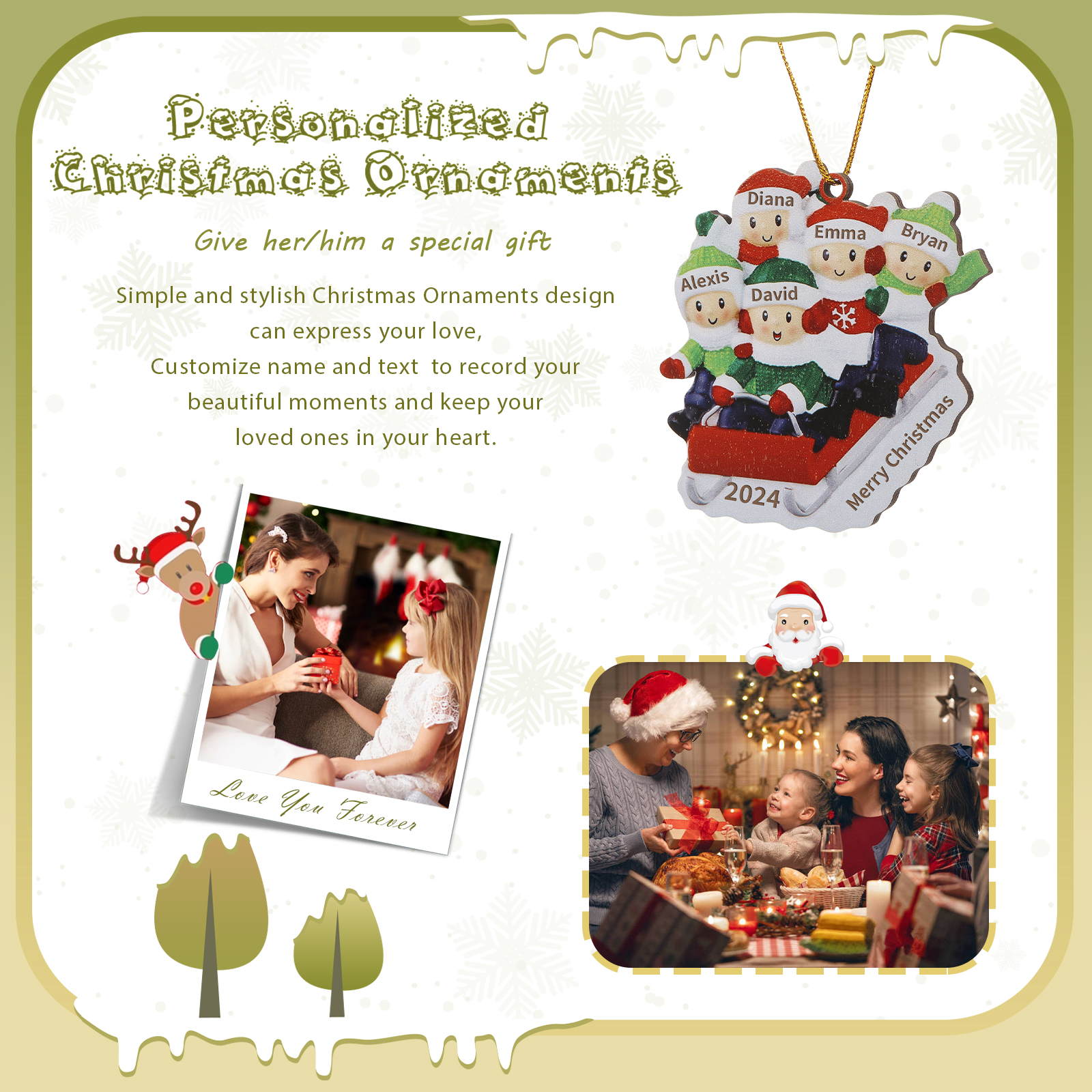 Decorazione Natalizia in Legno Personalizzata - Slitta Rossa con Personaggi, 5 Nomi, Testo & Data, Regalo di Natale per Famiglia | Jessemade