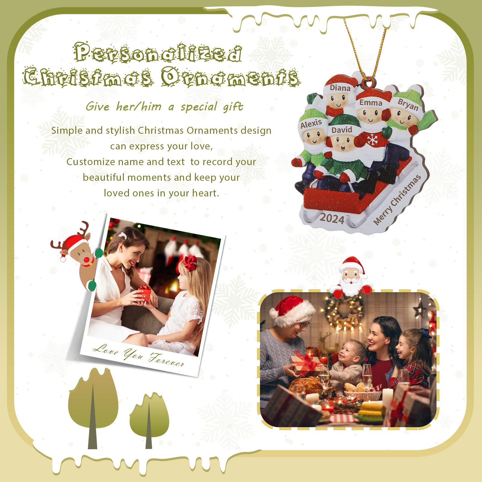 Decorazione Natalizia in Legno Personalizzata - Slitta Rossa con Personaggi, 5 Nomi, Testo & Data, Regalo di Natale per Famiglia | Jessemade