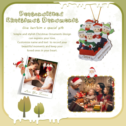 Decorazione Natalizia in Legno Personalizzata - Slitta Rossa con Personaggi, 5 Nomi, Testo & Data, Regalo di Natale per Famiglia | Jessemade