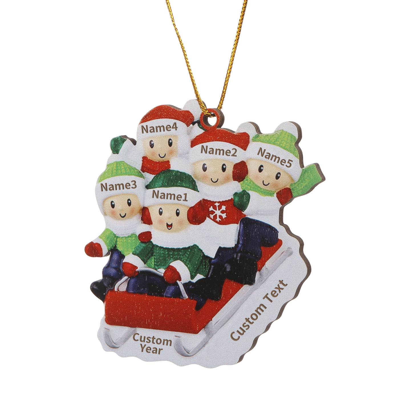 Decorazione Natalizia in Legno Personalizzata - Slitta Rossa con Personaggi, 5 Nomi, Testo & Data, Regalo di Natale per Famiglia | Jessemade
