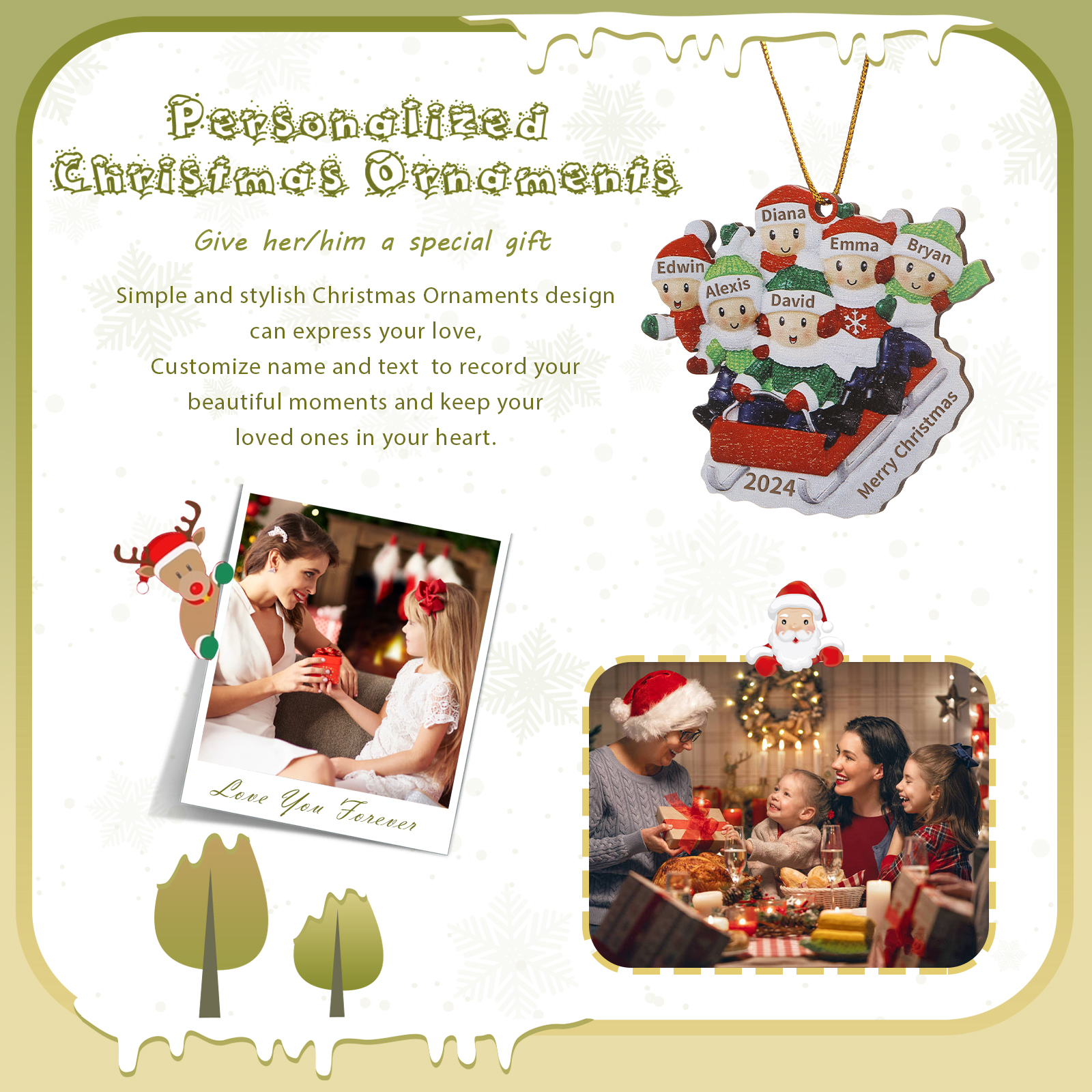 Decorazione Natalizia in Legno Personalizzata - Slitta Rossa con Personaggi, 6 Nomi, Testo & Data, Regalo di Natale per Famiglia | Jessemade