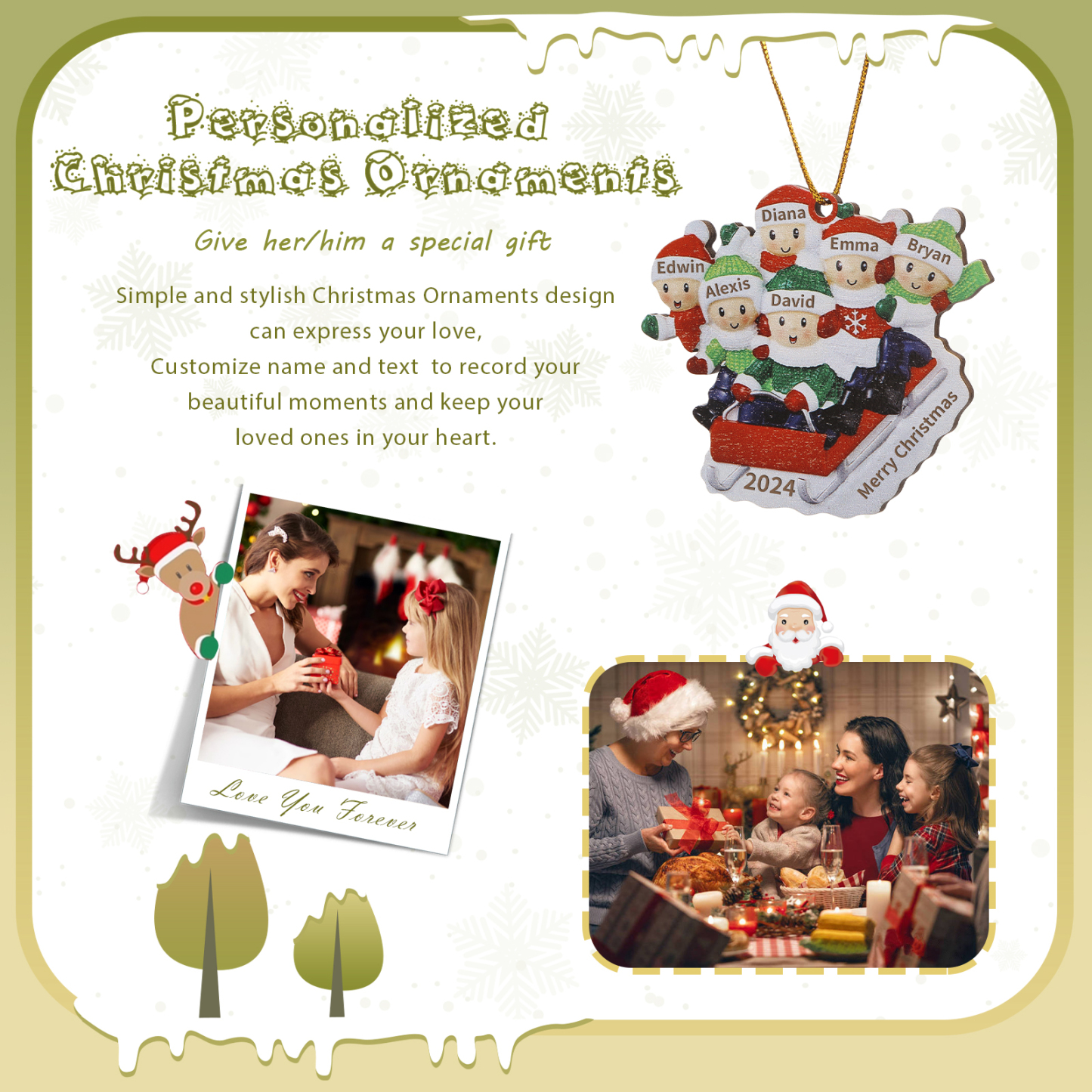 Decorazione Natalizia in Legno Personalizzata - Slitta Rossa con Personaggi, 6 Nomi, Testo & Data, Regalo di Natale per Famiglia | Jessemade