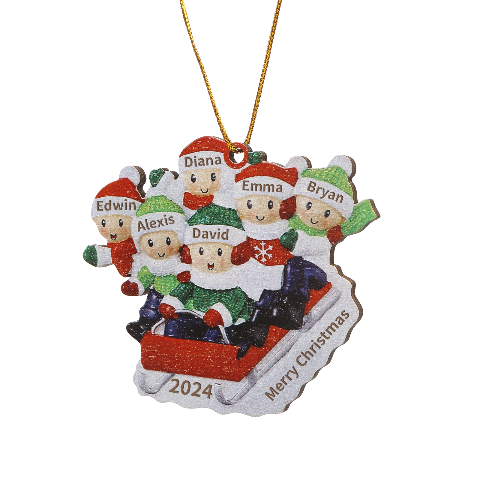 Decorazione Natalizia in Legno Personalizzata - Slitta Rossa con Personaggi, 6 Nomi, Testo & Data, Regalo di Natale per Famiglia | Jessemade