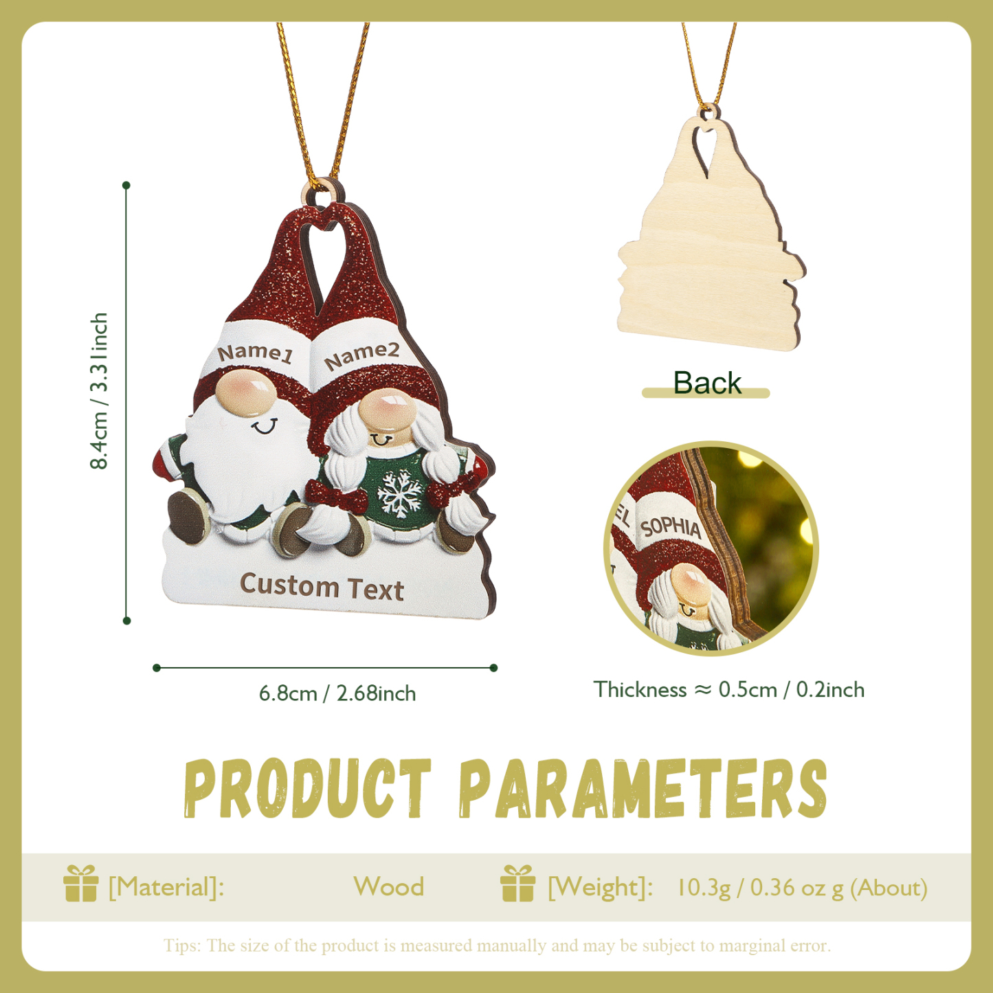 Decorazione Natalizia in Legno Personalizzata - Design Gnomi, 2 Nomi e Testo Personalizzabili, Regalo di Natale per Famiglia | Jessemade