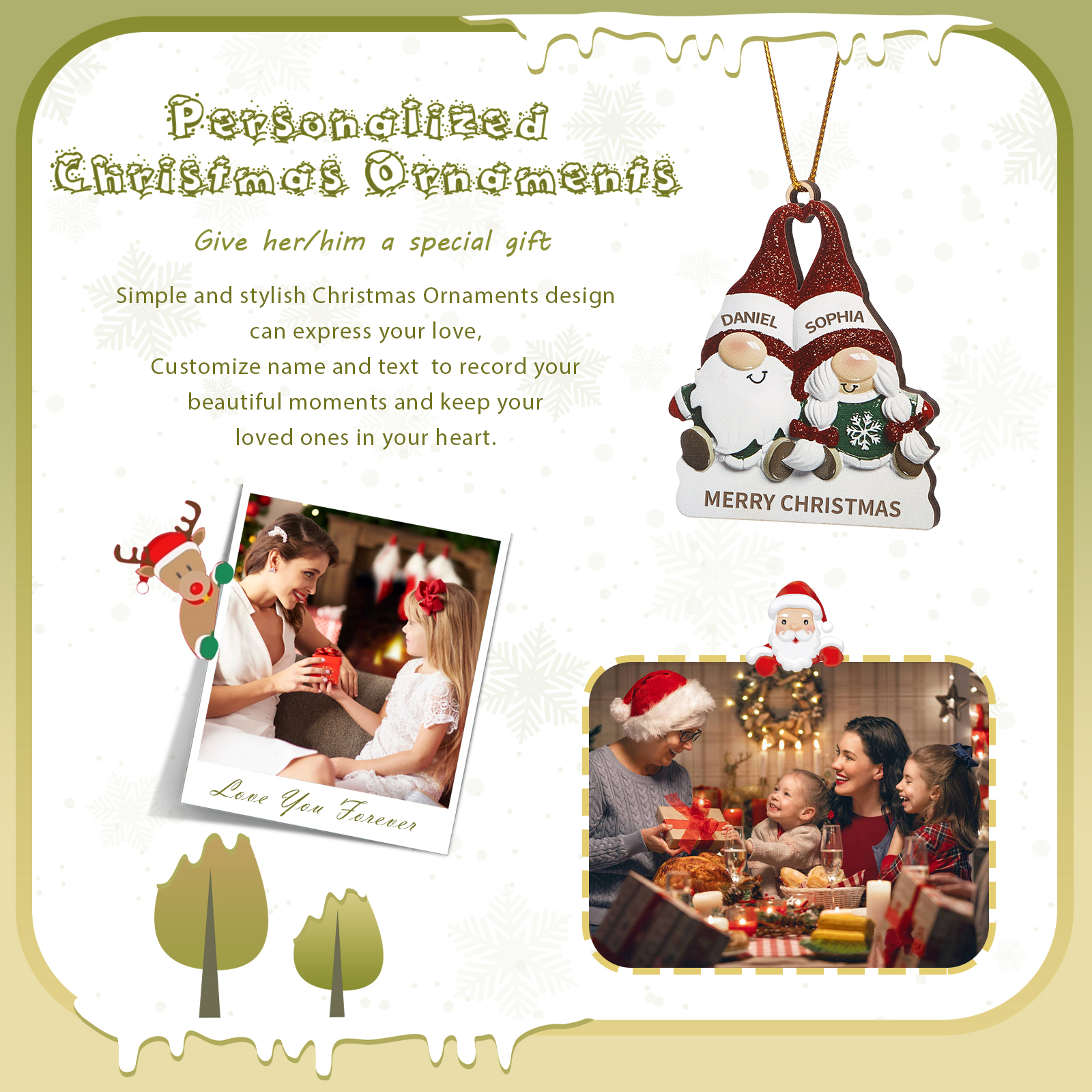 Decorazione Natalizia in Legno Personalizzata - Design Gnomi, 2 Nomi e Testo Personalizzabili, Regalo di Natale per Famiglia | Jessemade