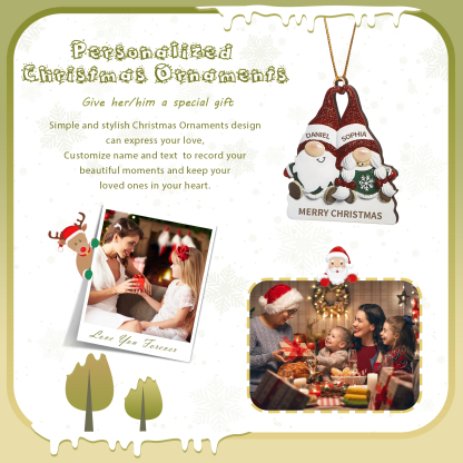 Decorazione Natalizia in Legno Personalizzata - Design Gnomi, 2 Nomi e Testo Personalizzabili, Regalo di Natale per Famiglia | Jessemade