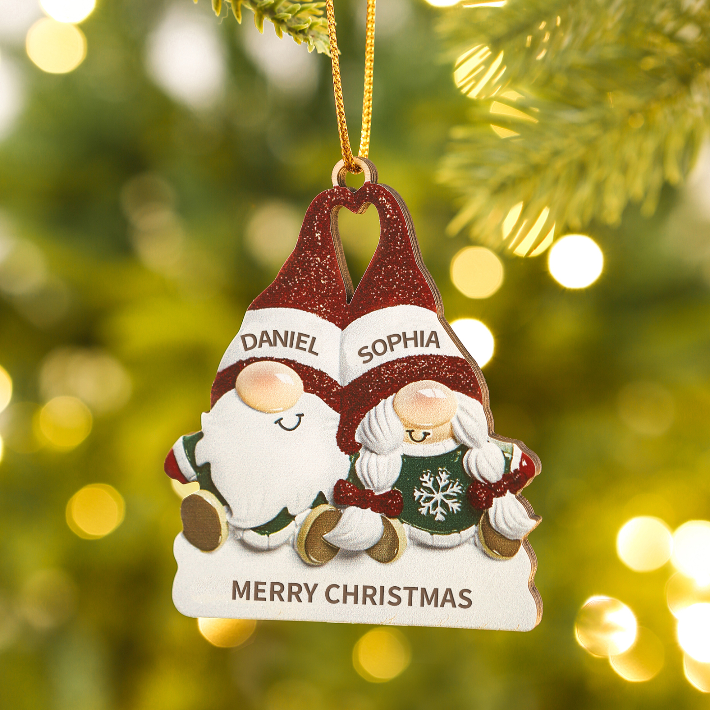 Decorazione Natalizia in Legno Personalizzata - Design Gnomi, 2 Nomi e