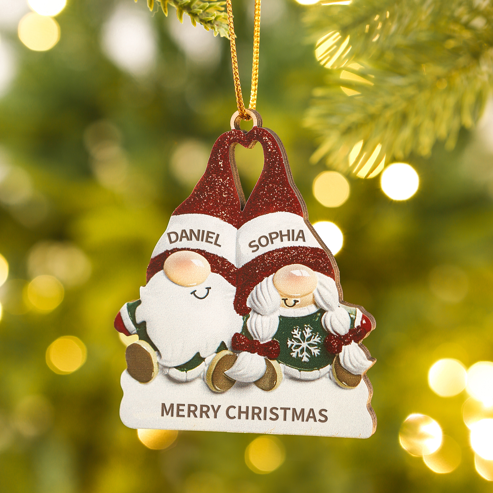 Decorazione Natalizia in Legno Personalizzata - Design Gnomi, 2 Nomi e