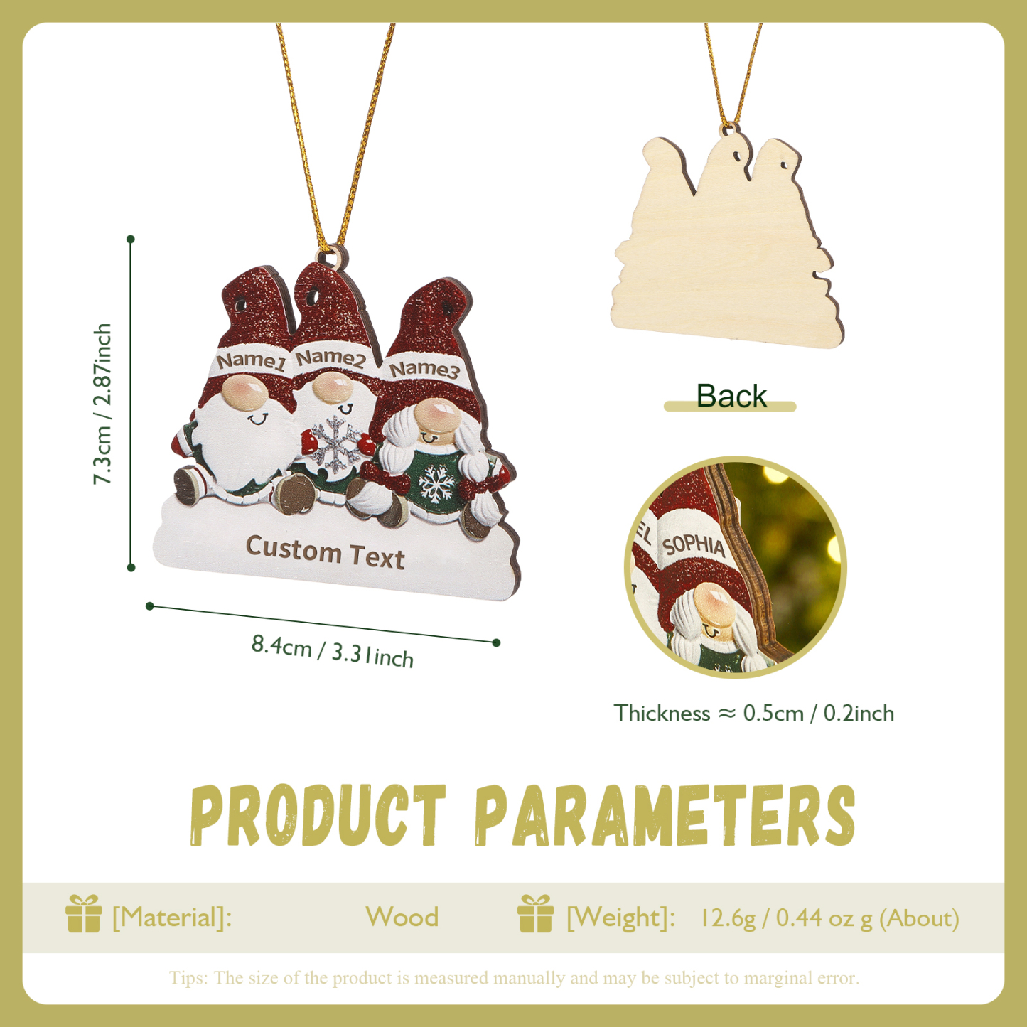 Decorazione Natalizia in Legno Personalizzata - Design Gnomi, 3 Nomi e Testo Personalizzabili, Regalo di Natale per Famiglia | Jessemade