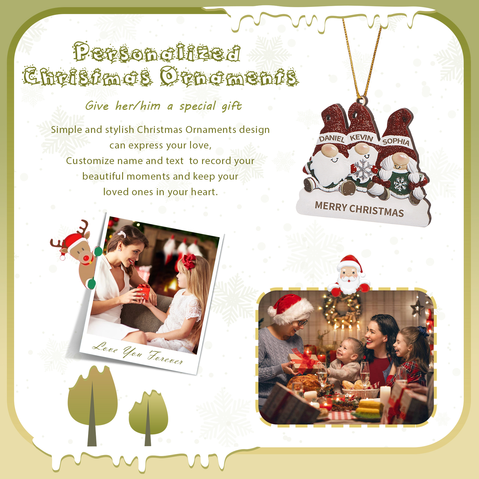 Decorazione Natalizia in Legno Personalizzata - Design Gnomi, 3 Nomi e Testo Personalizzabili, Regalo di Natale per Famiglia | Jessemade