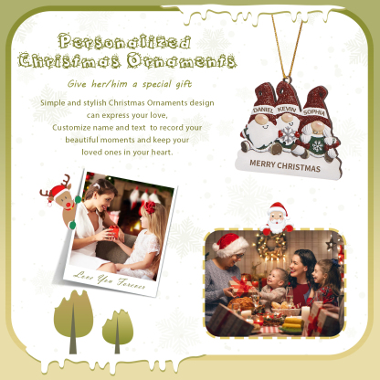 Decorazione Natalizia in Legno Personalizzata - Design Gnomi, 3 Nomi e Testo Personalizzabili, Regalo di Natale per Famiglia | Jessemade