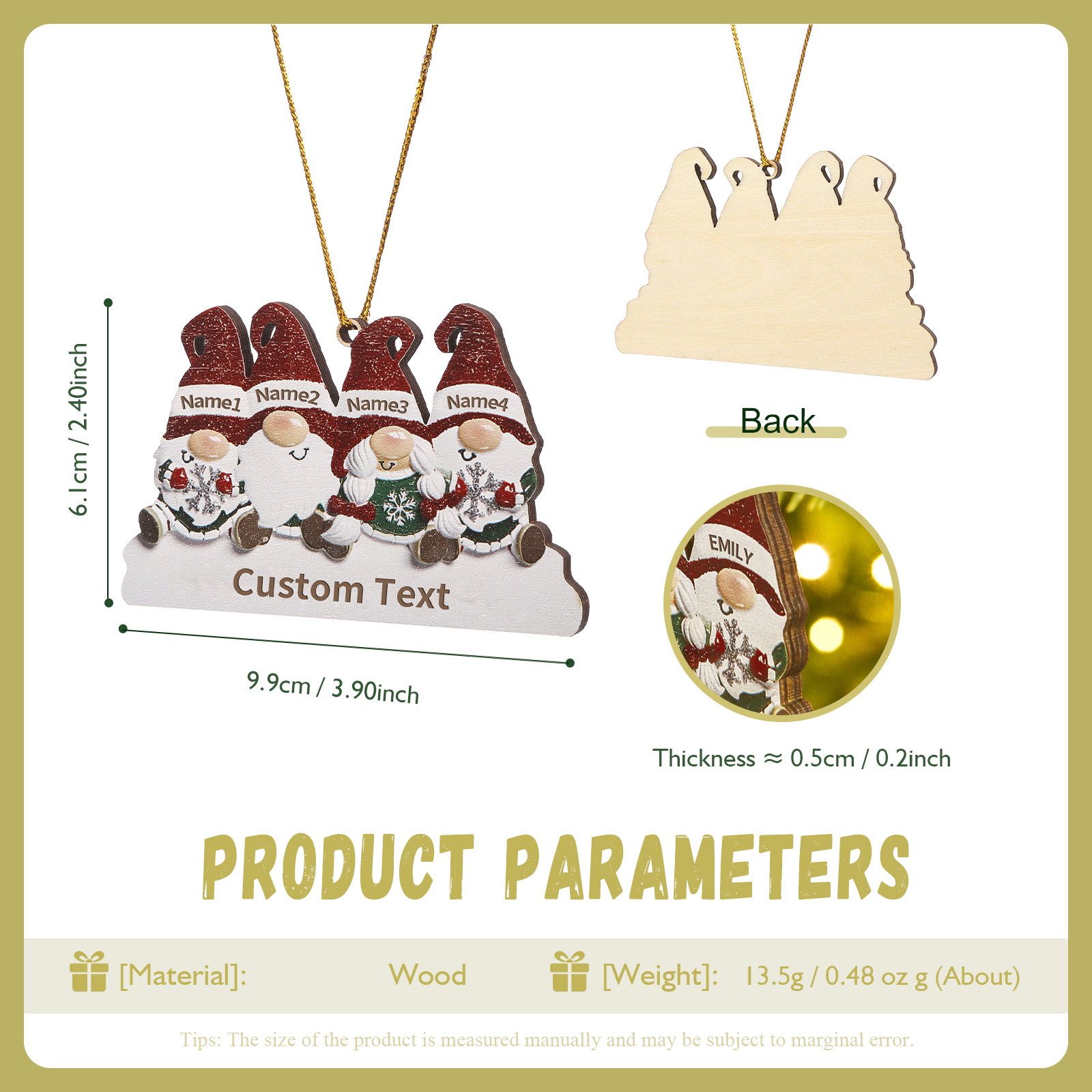 Decorazione Natalizia in Legno Personalizzata - Design Gnomi, 4 Nomi e Testo Personalizzabili, Regalo di Natale per Famiglia | Jessemade