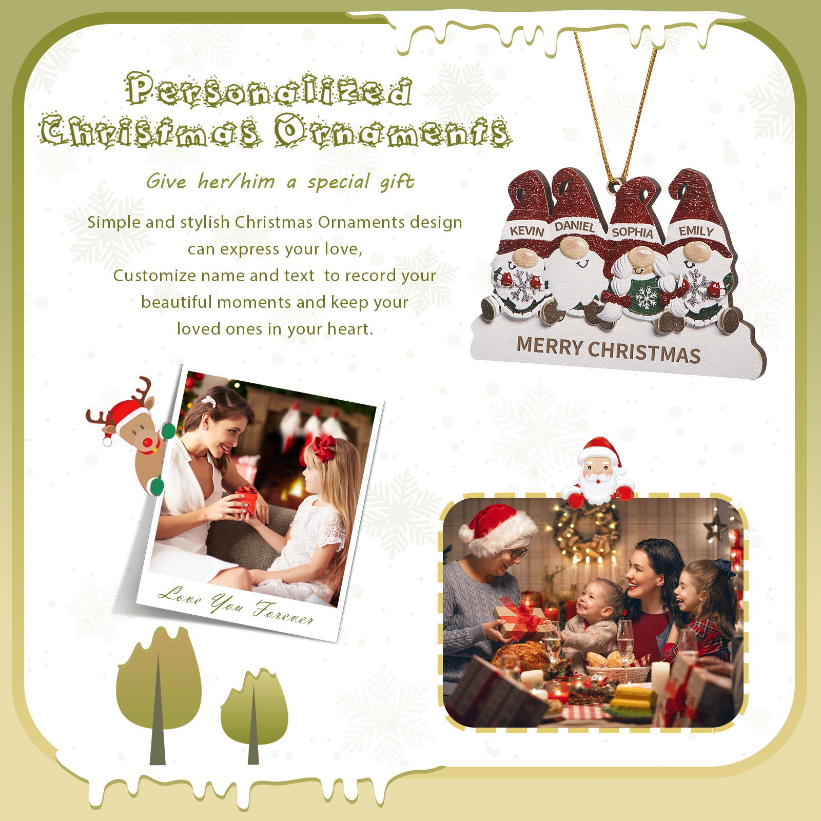 Decorazione Natalizia in Legno Personalizzata - Design Gnomi, 4 Nomi e Testo Personalizzabili, Regalo di Natale per Famiglia | Jessemade