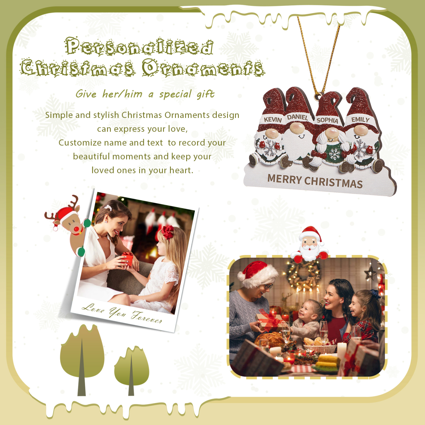 Decorazione Natalizia in Legno Personalizzata - Design Gnomi, 4 Nomi e Testo Personalizzabili, Regalo di Natale per Famiglia | Jessemade