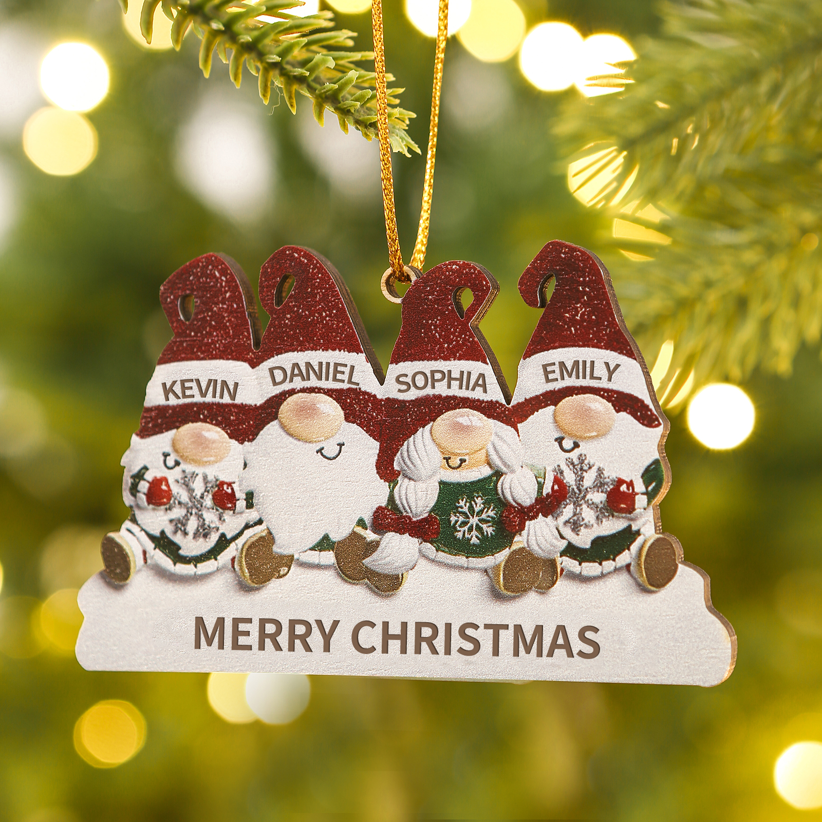 Decorazione Natalizia in Legno Personalizzata - Design Gnomi, 4 Nomi e