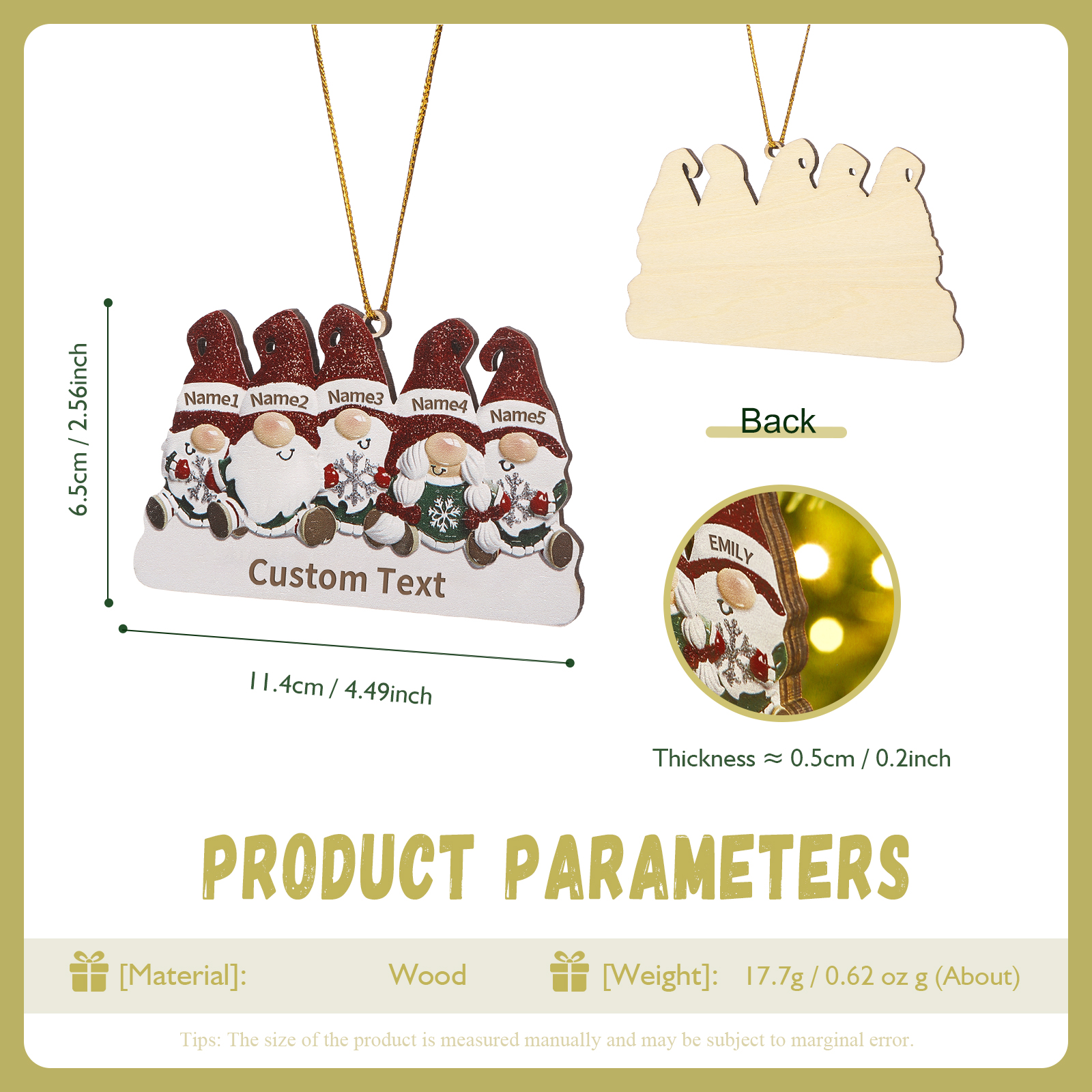 Decorazione Natalizia in Legno Personalizzata - Design Gnomi, 5 Nomi e Testo Personalizzabili, Regalo di Natale per Famiglia | Jessemade
