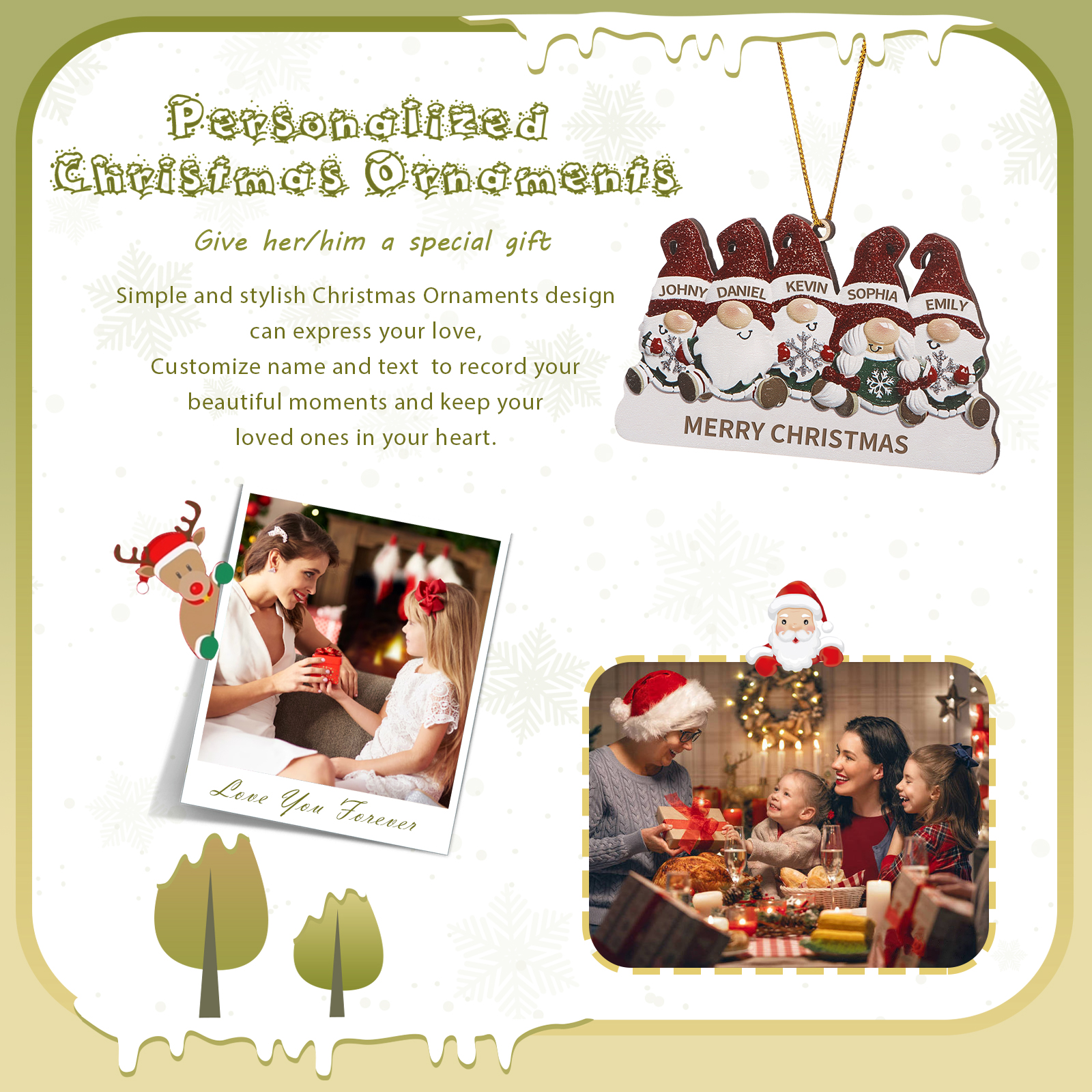 Decorazione Natalizia in Legno Personalizzata - Design Gnomi, 5 Nomi e Testo Personalizzabili, Regalo di Natale per Famiglia | Jessemade
