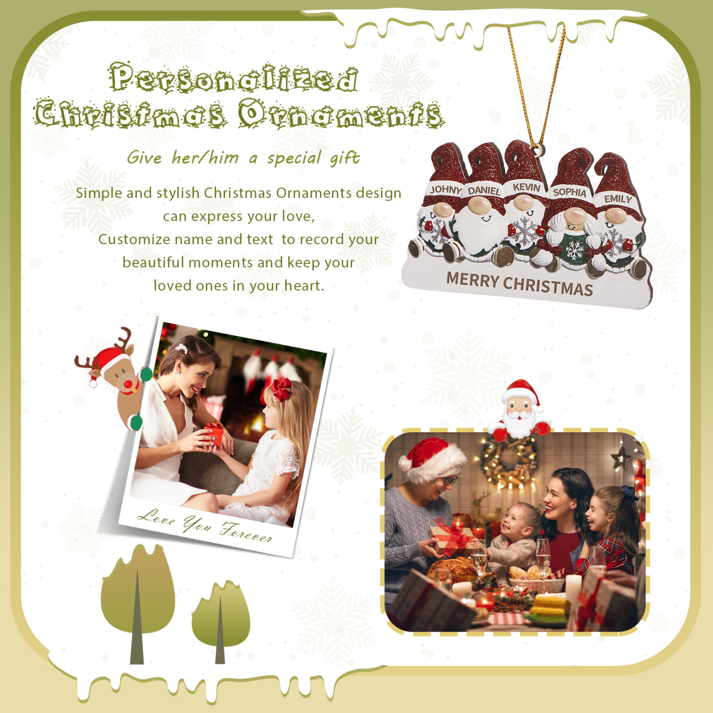 Decorazione Natalizia in Legno Personalizzata - Design Gnomi, 5 Nomi e Testo Personalizzabili, Regalo di Natale per Famiglia | Jessemade