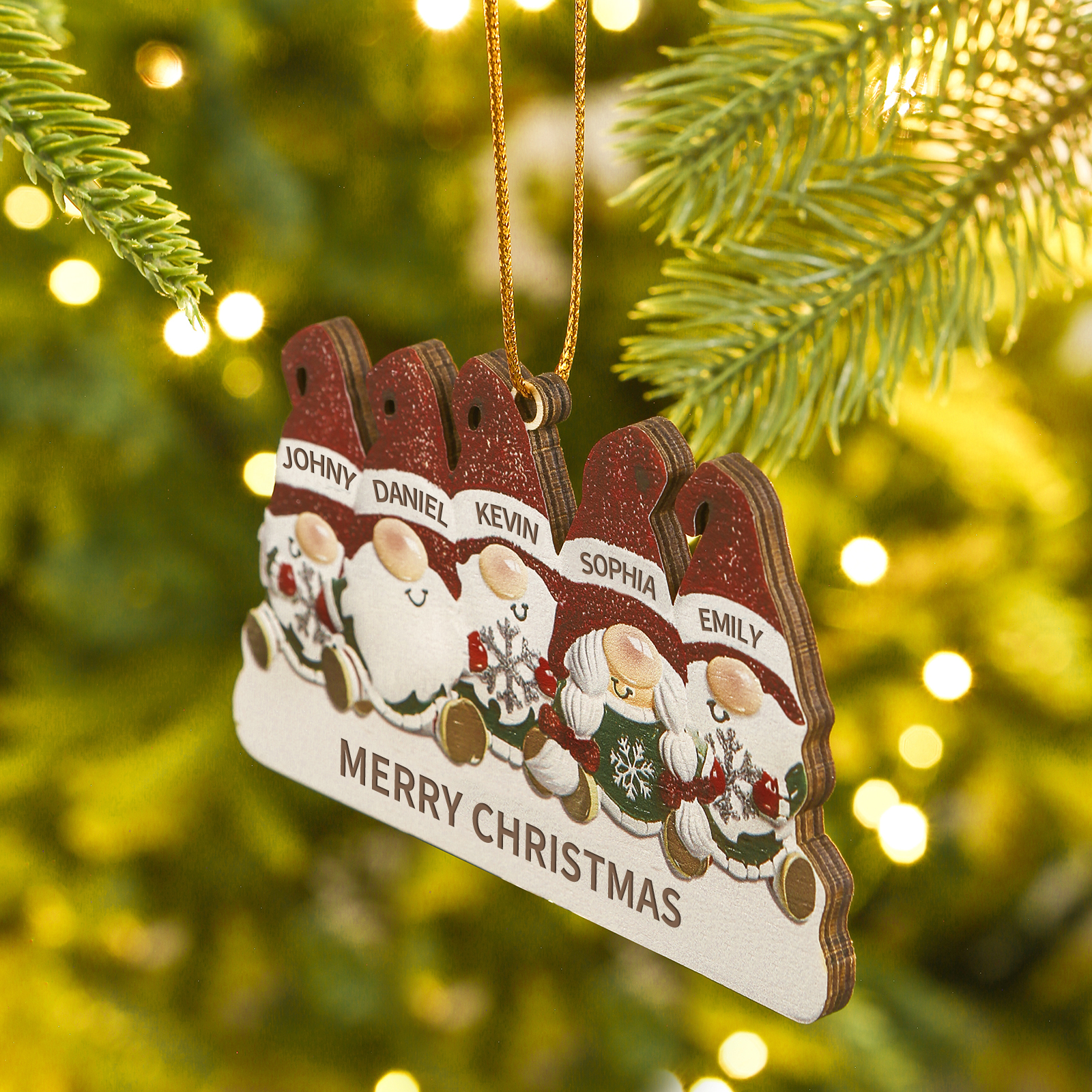 Decorazione Natalizia in Legno Personalizzata - Design Gnomi, 5 Nomi e Testo Personalizzabili, Regalo di Natale per Famiglia | Jessemade