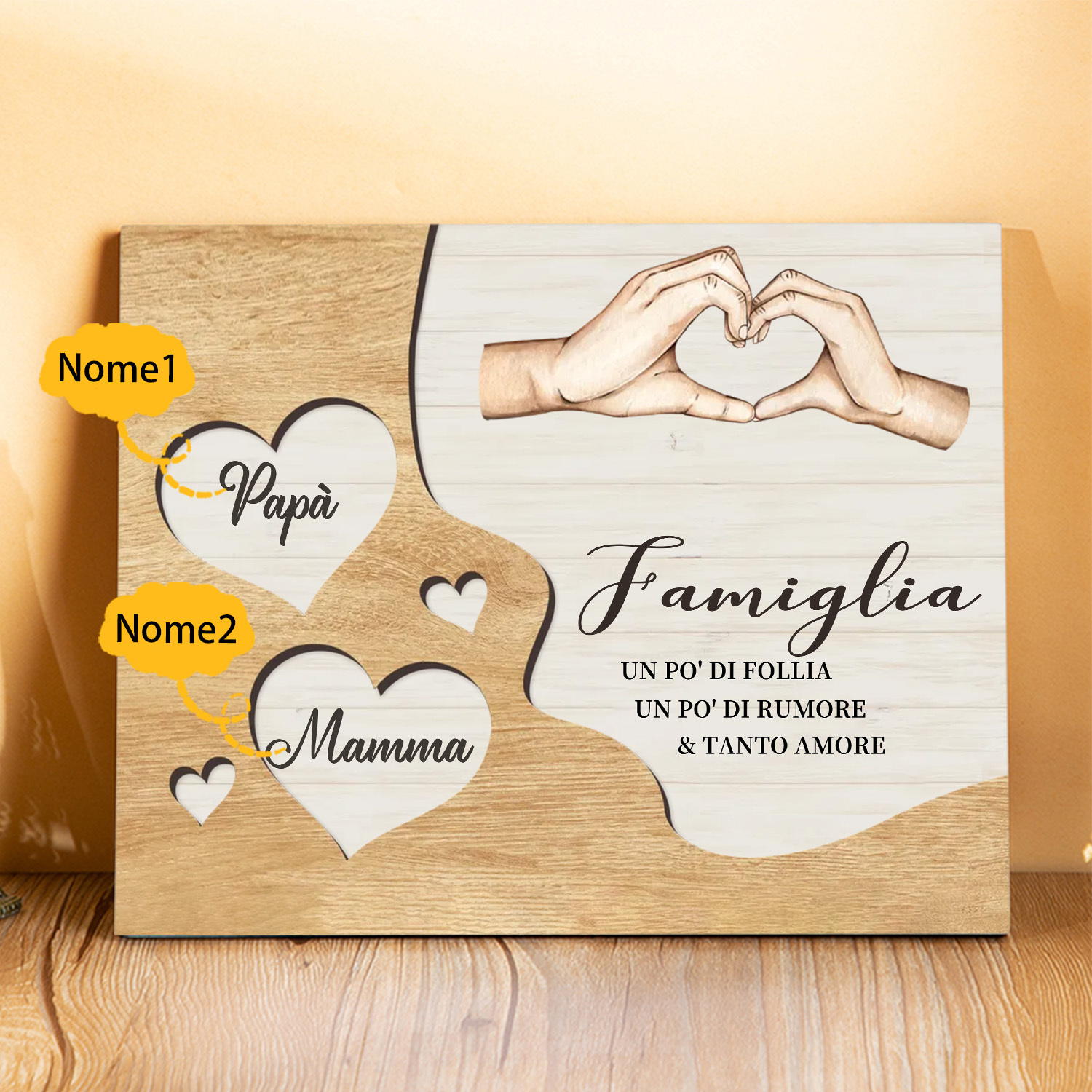 Targa Natalizia Personalizzata con Mani Unite in Legno – Nomi Personalizzati 2-7, Cuore e Famiglia – Regalo di Natale per la Famiglia | Jessemade