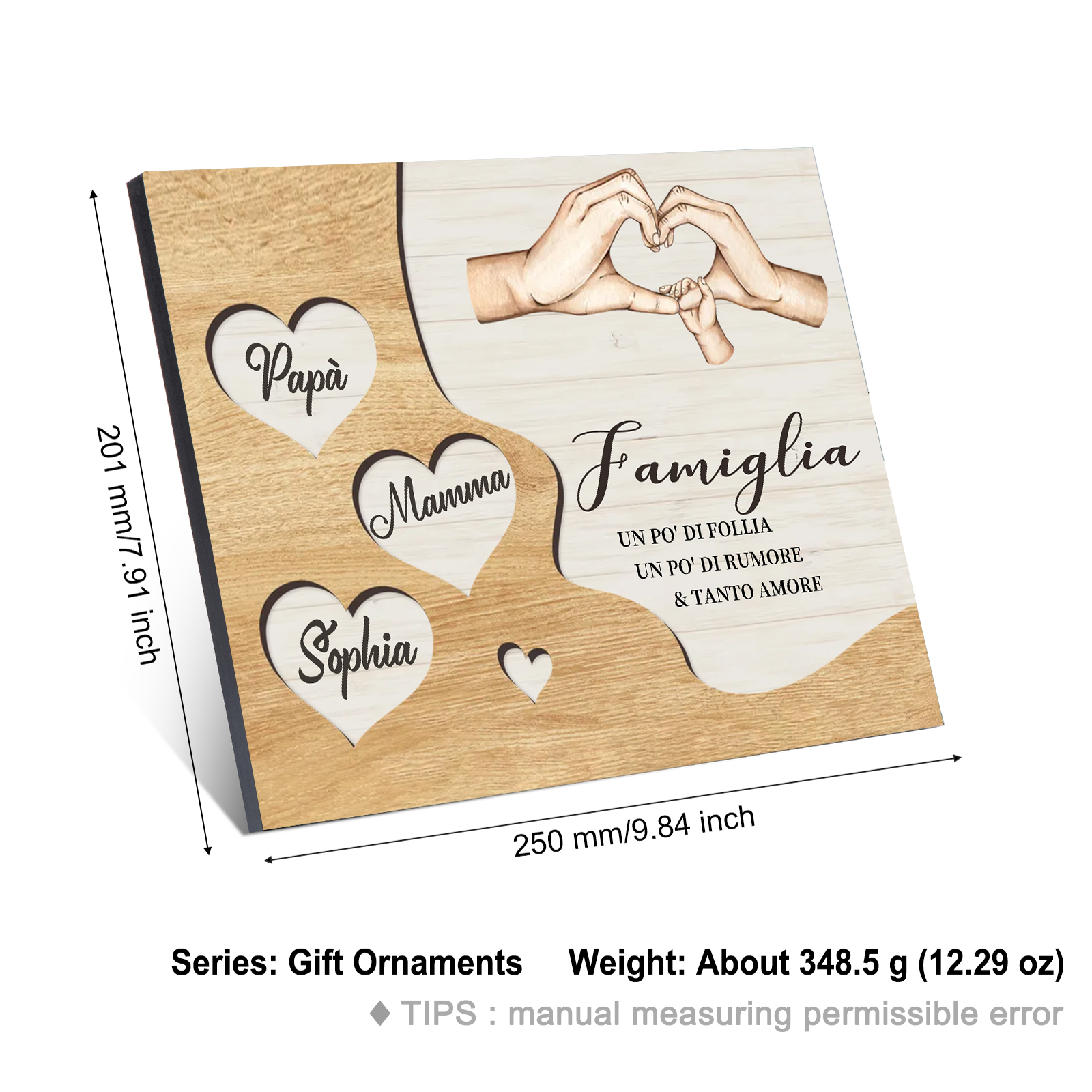 Targa Natalizia Personalizzata con Mani Unite in Legno – Nomi Personalizzati 2-7, Cuore e Famiglia – Regalo di Natale per la Famiglia | Jessemade