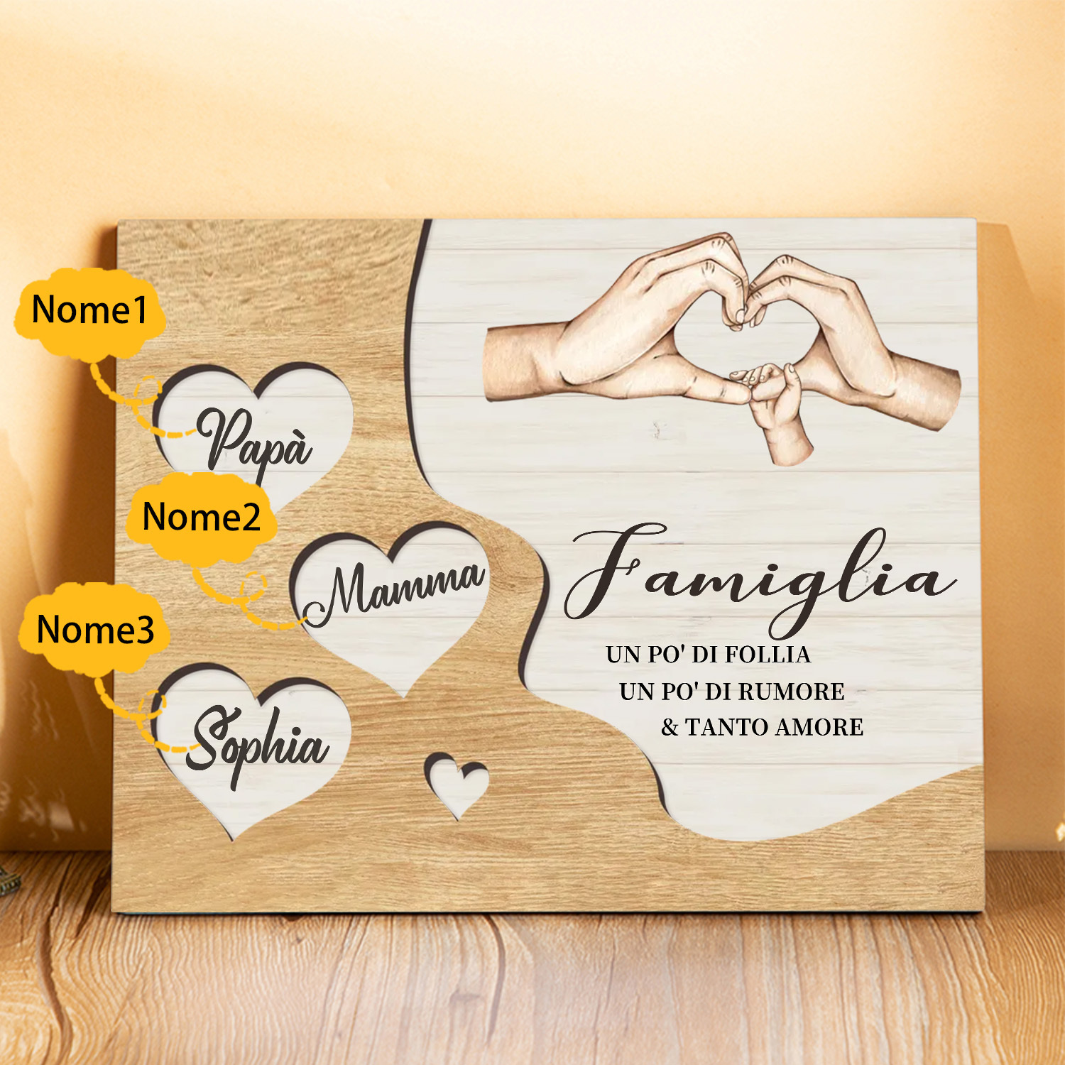 Targa Natalizia Personalizzata con Mani Unite in Legno – Nomi Personalizzati 2-7, Cuore e Famiglia – Regalo di Natale per la Famiglia | Jessemade