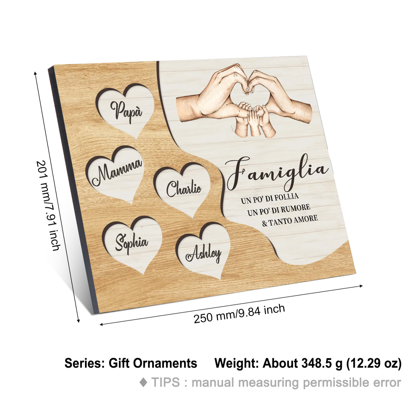 Targa Natalizia Personalizzata con Mani Unite in Legno – Nomi Personalizzati 2-7, Cuore e Famiglia – Regalo di Natale per la Famiglia | Jessemade