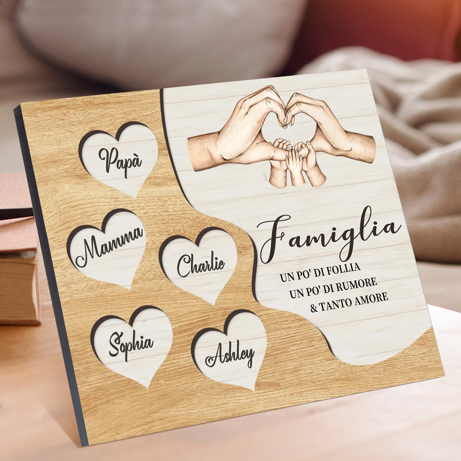 Targa Natalizia Personalizzata con Mani Unite in Legno – Nomi Personalizzati 2-7, Cuore e Famiglia – Regalo di Natale per la Famiglia | Jessemade