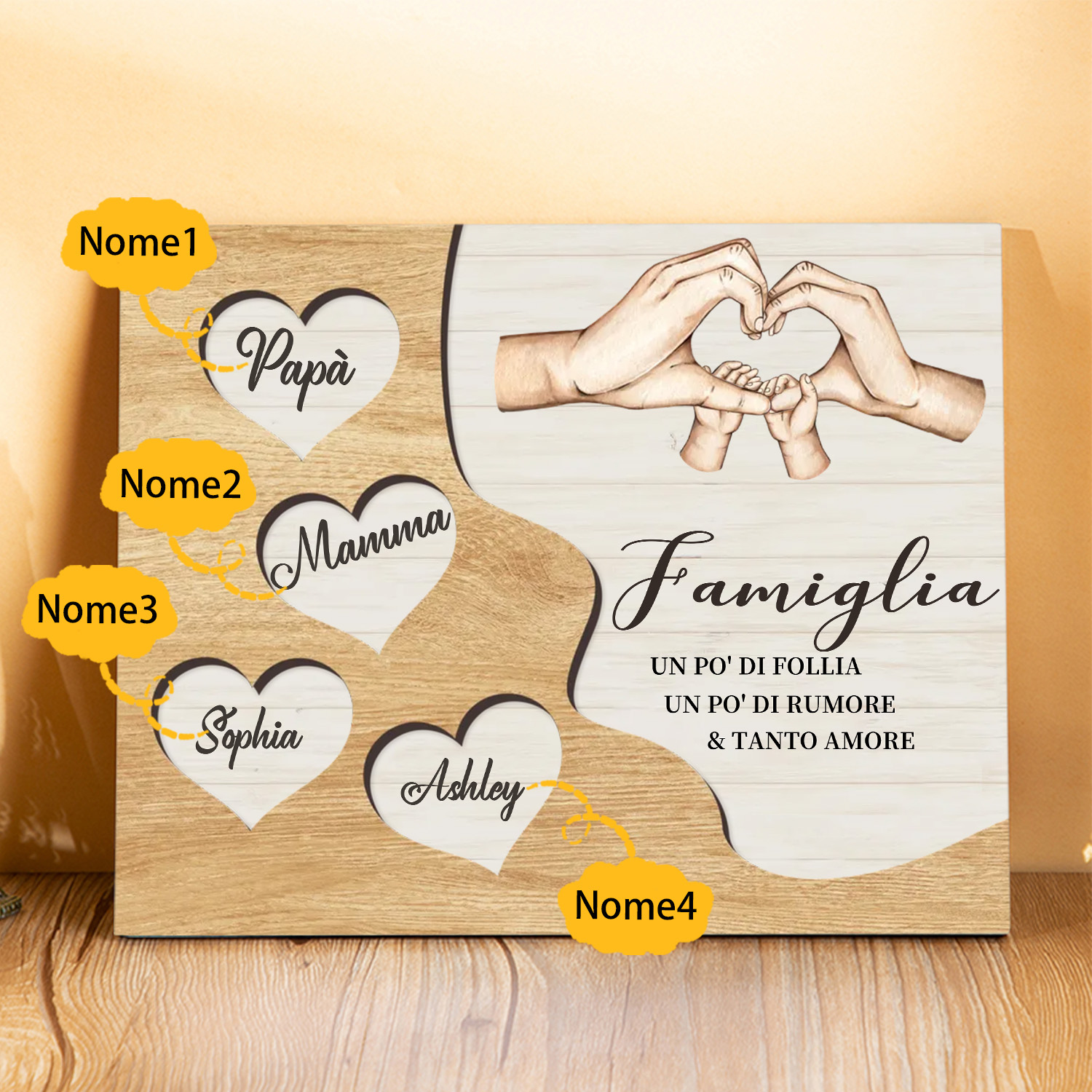 Targa Natalizia Personalizzata con Mani Unite in Legno – Nomi Personalizzati 2-7, Cuore e Famiglia – Regalo di Natale per la Famiglia | Jessemade