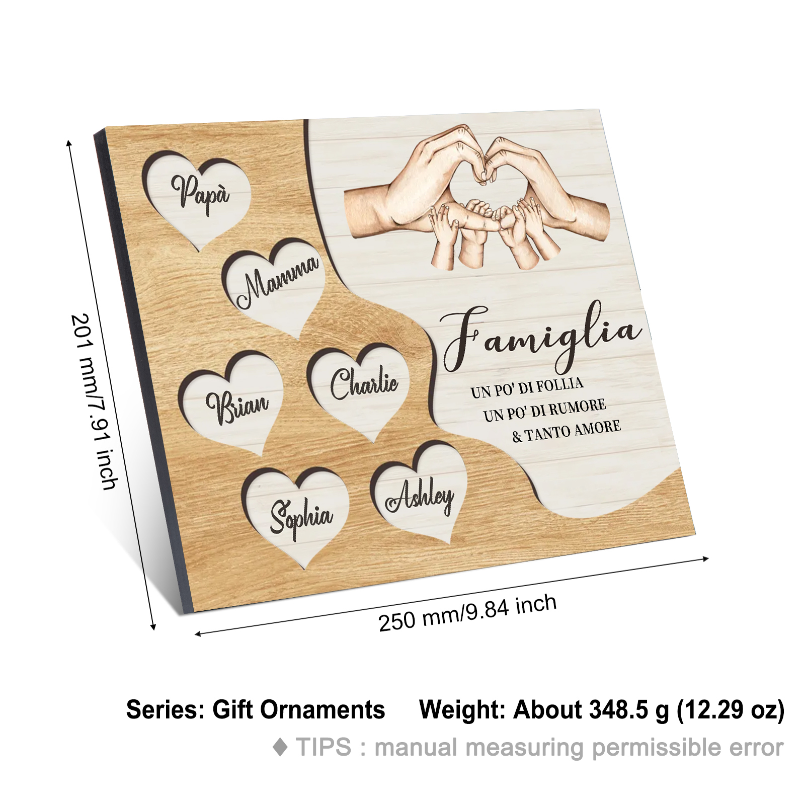 Targa Natalizia Personalizzata con Mani Unite in Legno – Nomi Personalizzati 2-7, Cuore e Famiglia – Regalo di Natale per la Famiglia | Jessemade