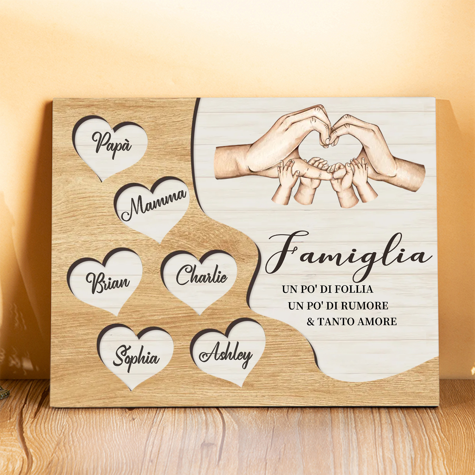 Targa Natalizia Personalizzata con Mani Unite in Legno – Nomi Personalizzati 2-7, Cuore e Famiglia – Regalo di Natale per la Famiglia | Jessemade