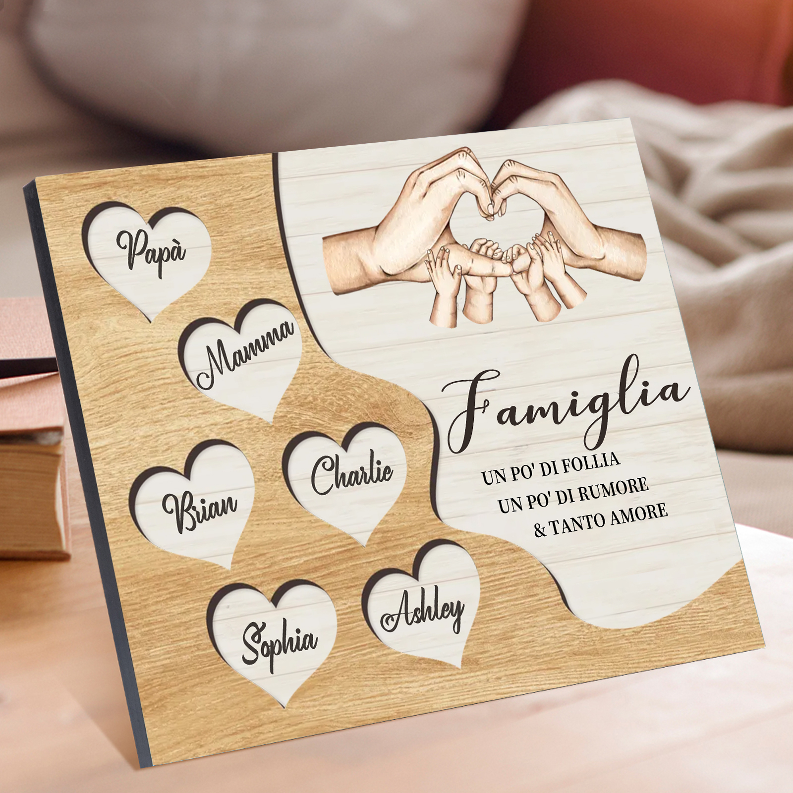 Targa Natalizia Personalizzata con Mani Unite in Legno – Nomi Personalizzati 2-7, Cuore e Famiglia – Regalo di Natale per la Famiglia | Jessemade