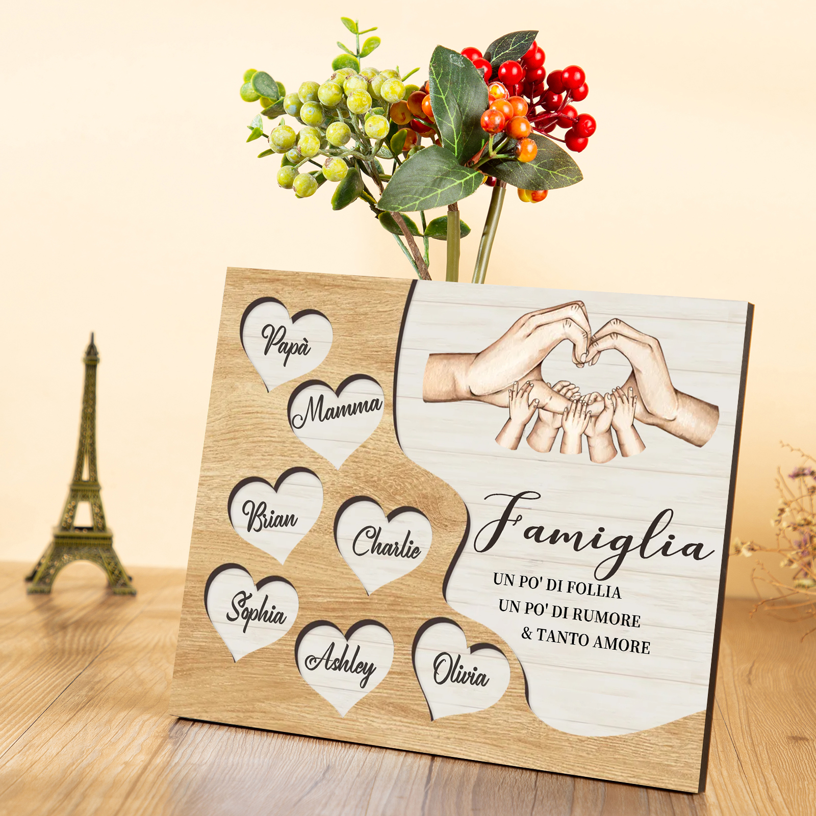 Targa Natalizia Personalizzata con Mani Unite in Legno – Nomi Personalizzati 2-7, Cuore e Famiglia – Regalo di Natale per la Famiglia | Jessemade
