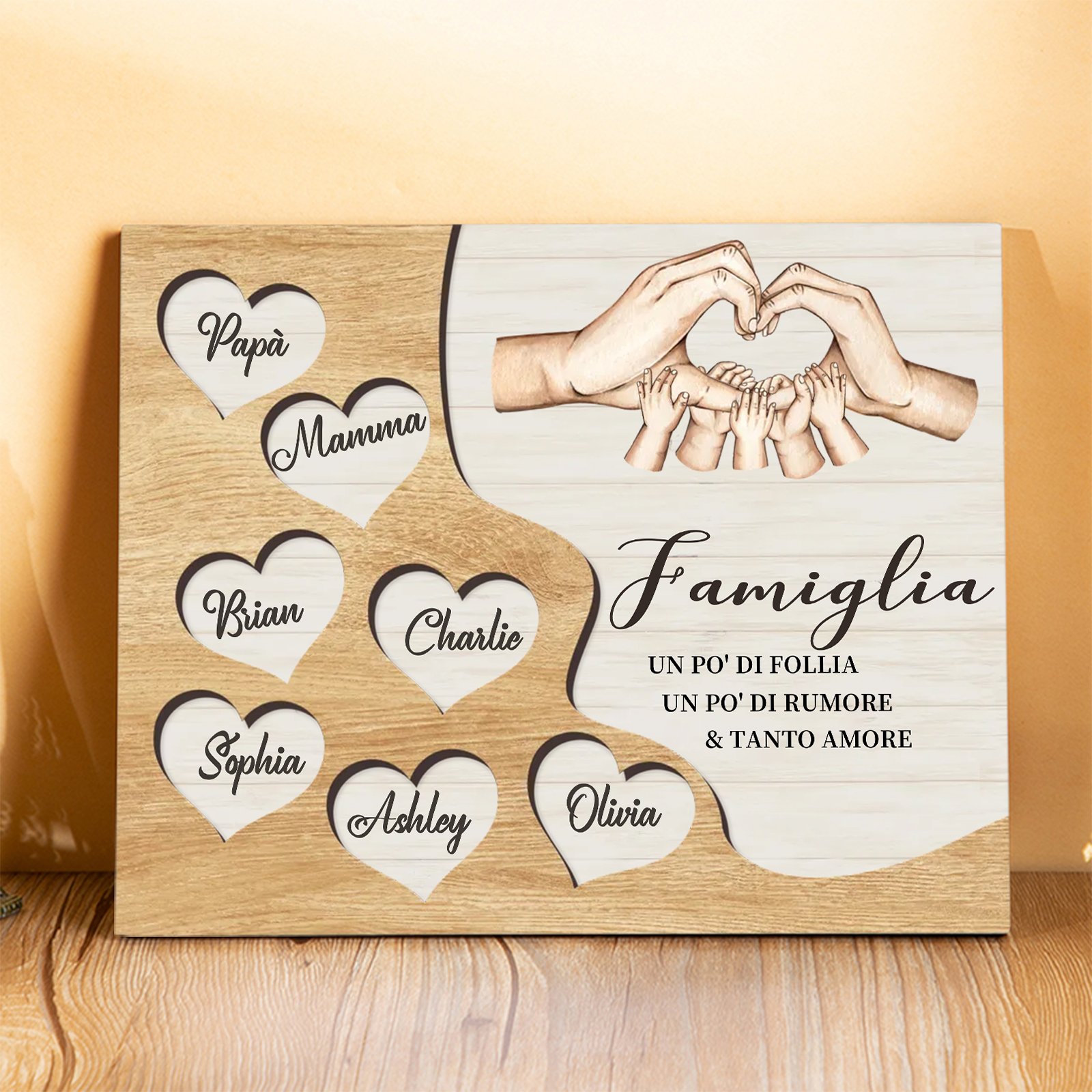 Targa Natalizia Personalizzata con Mani Unite in Legno – Nomi Personalizzati 2-7, Cuore e Famiglia – Regalo di Natale per la Famiglia | Jessemade